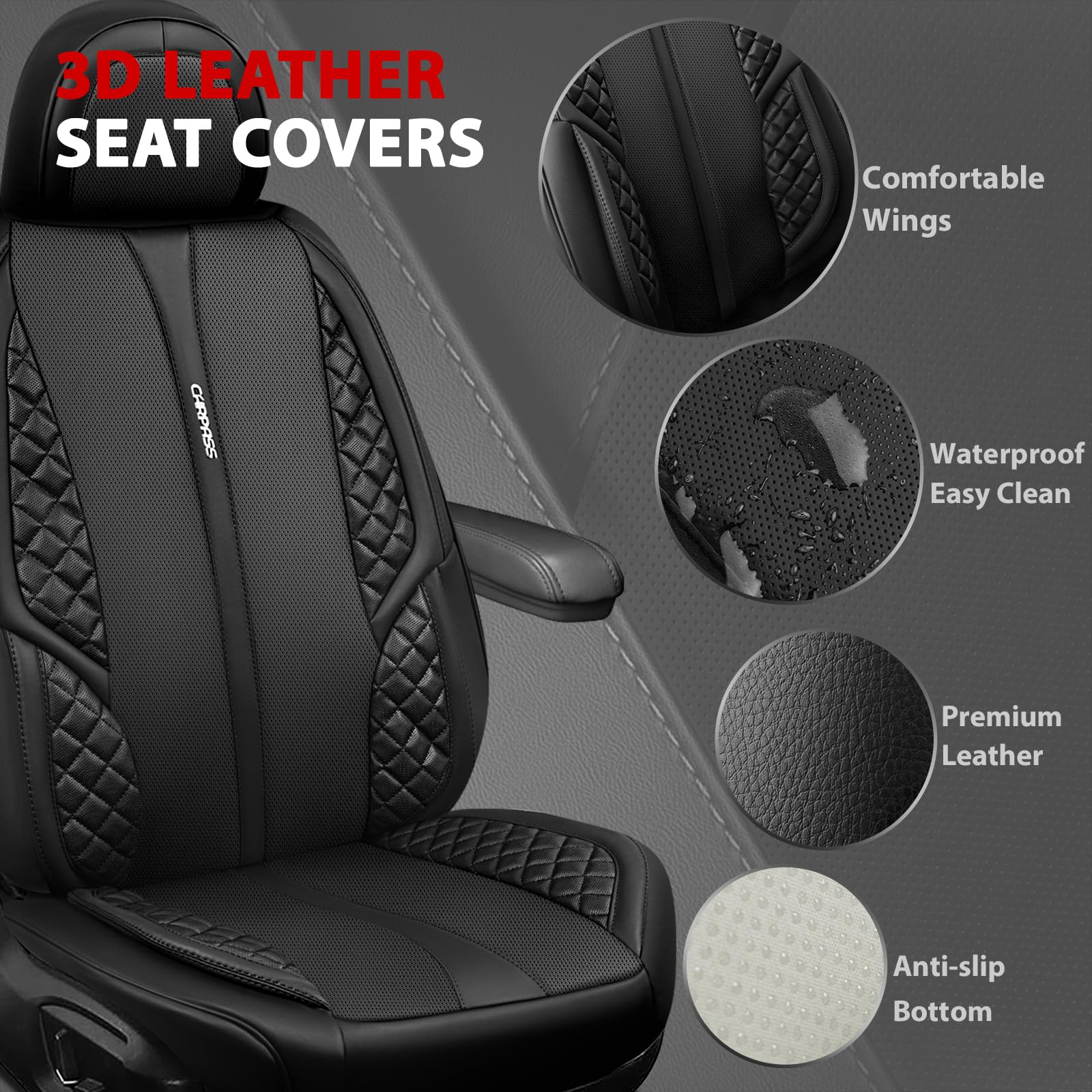CAR PASS Nappa Leather Car Seat Covers Front Seats Only, Luxury PU Leatherette Seat Covers 2 Pack, Waterproof Durable Car Seats