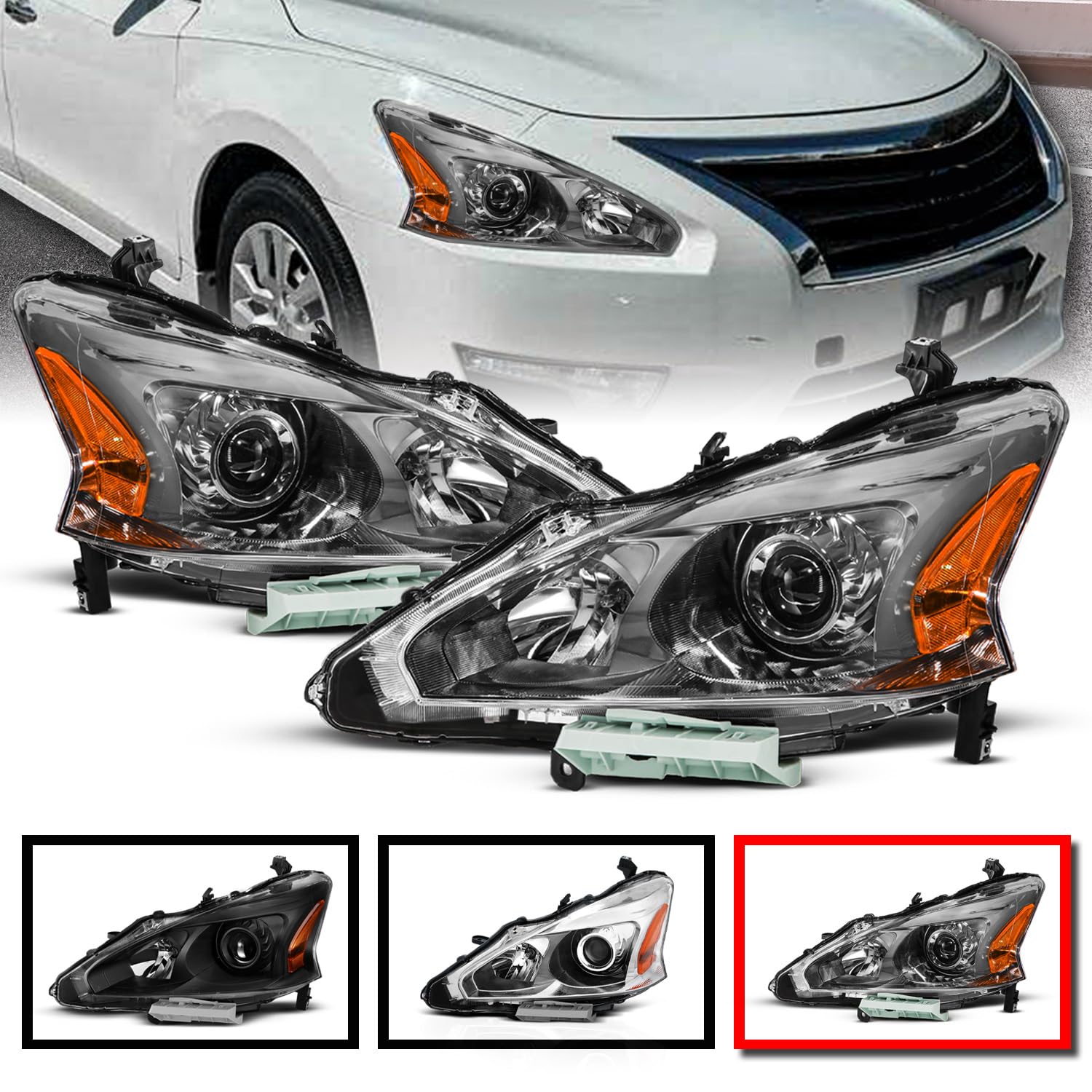 Amerilite For 2013-2015 Altima Sedan Gun Metal Tint Replacement Halogen Projector Headlight Pair - Driver And Passenger Side