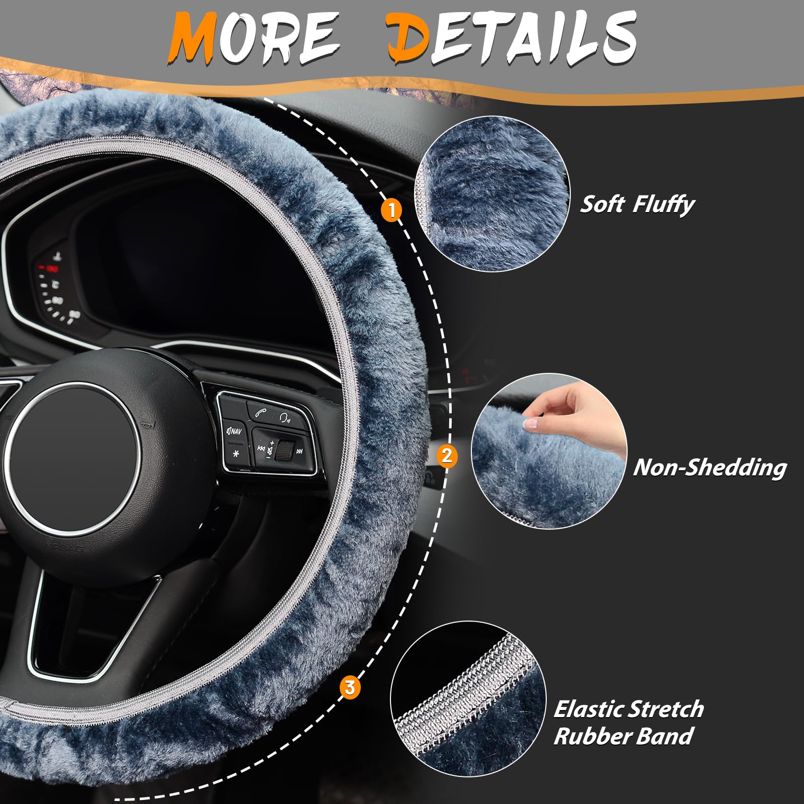 KAFEEK Elastic Long Microfiber Plush Steering Wheel Cover for Winter Warm, Universal 15 inch, Anti-Slip, Odorless, Gray