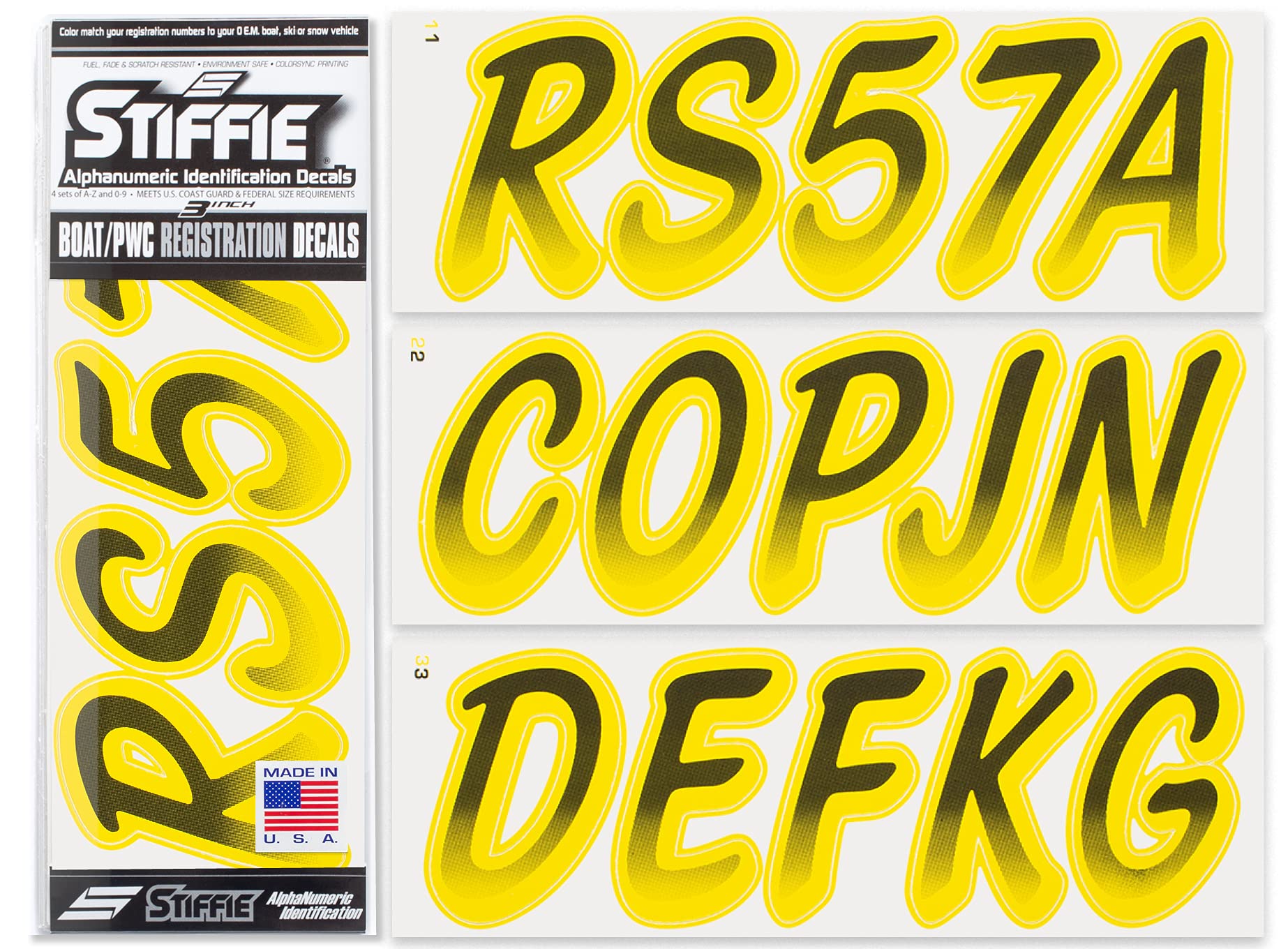 STIFFIE Whipline Black/Electric Yellow 3'' Boat & PWC Registration Decals  Numbers Letters Stickers