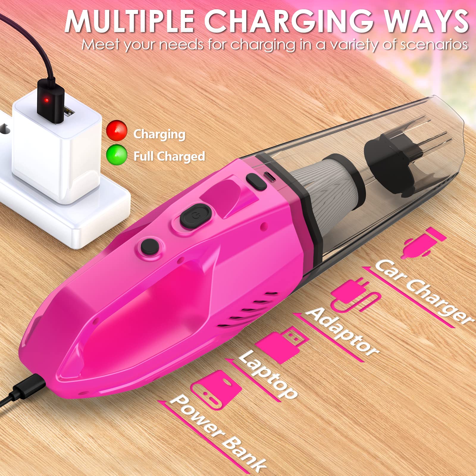 Thinkwork Car Detailing Kit Interior Cleaner, Car Cleaning Kit With 8000Pa Cordless Pink Handheld Vacuum Cleaner, Car Interior D