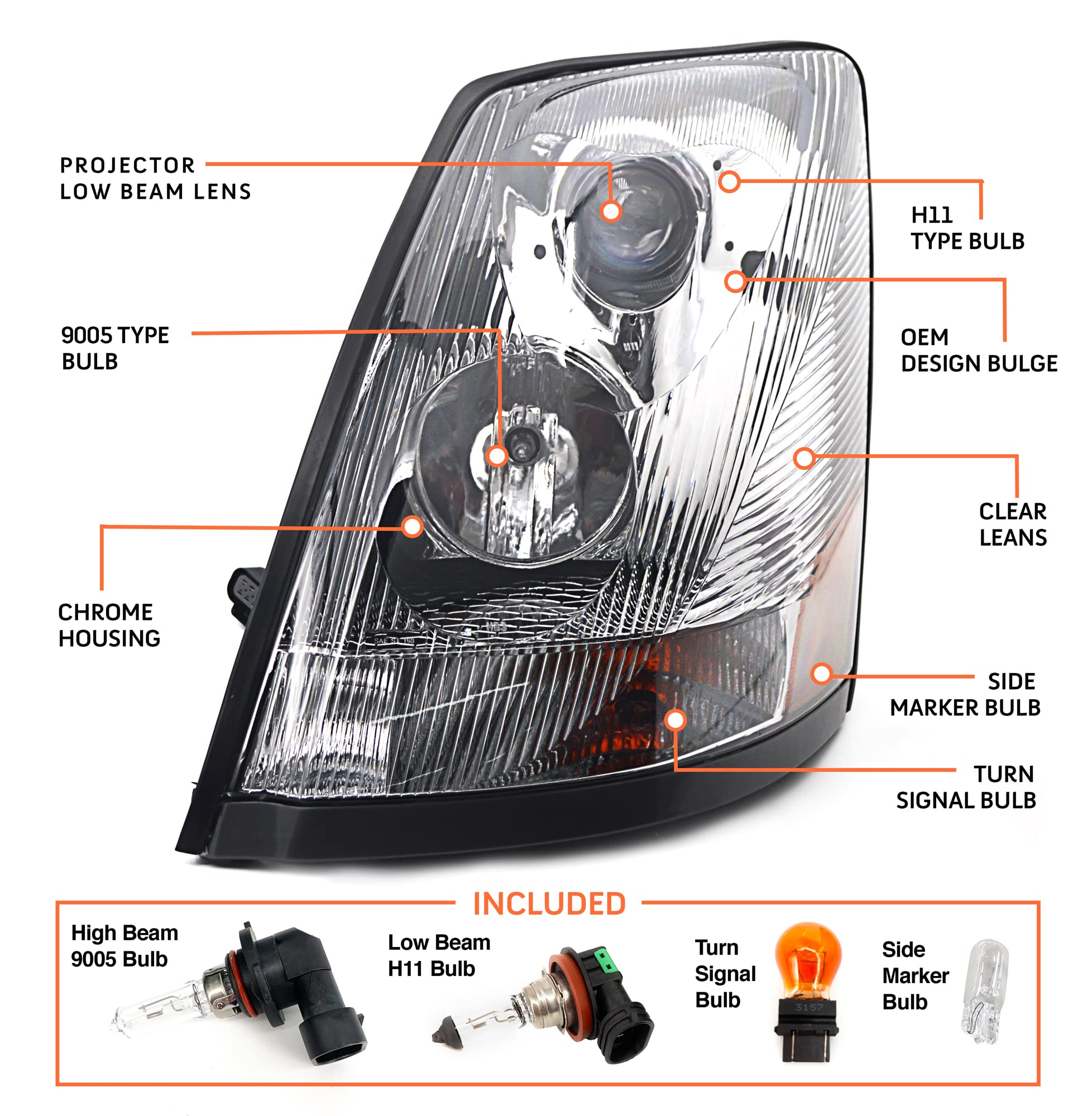 Torque Chrome Headlight Pair Replacement For 2004-2017 Volvo Vnl Semi Trucks [Included All Bulbs] Driver Left And Passenger Right Side Set Assembly Dot Sae Approved Headlamp (Tr063-L, Tr063-R)