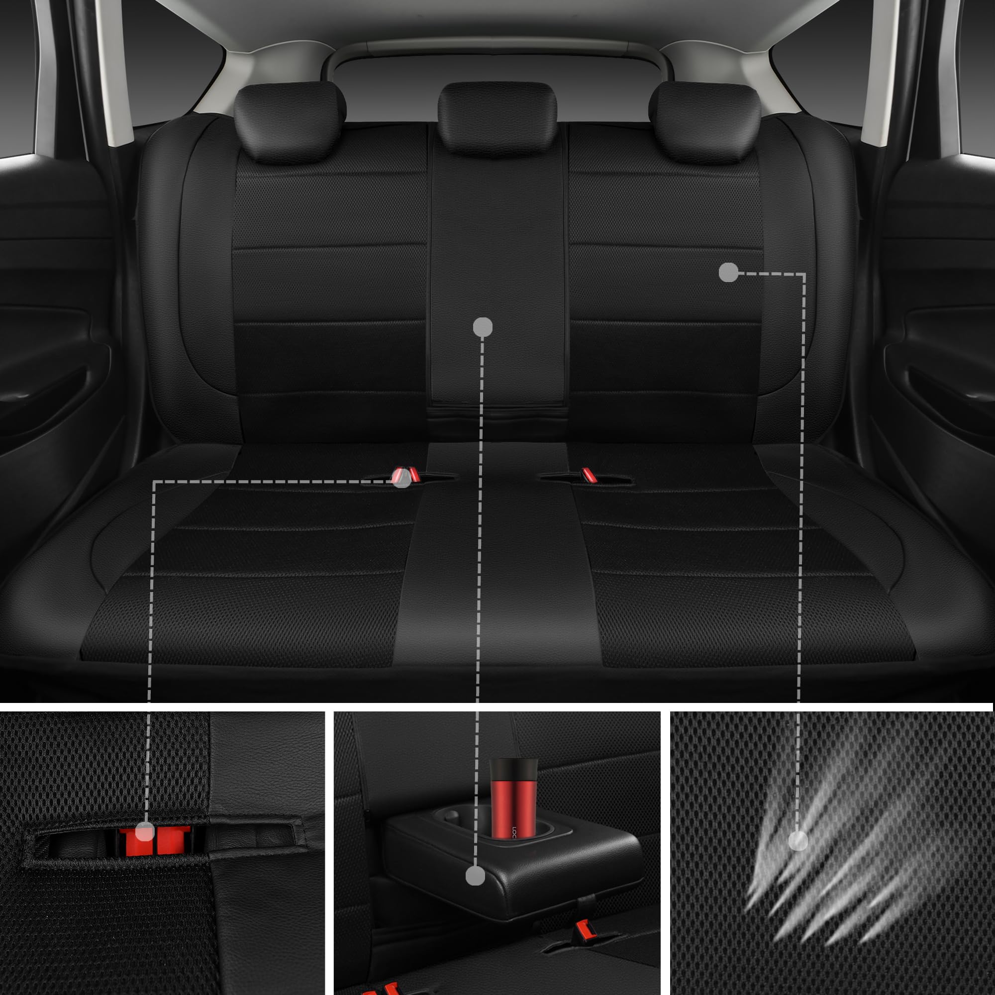 CAR PASS Leather Back Seat Cover, Breathable Mesh Universal Bench Seat Cover, Super 5mm Composite Sponge Inside, Airbag Compatib