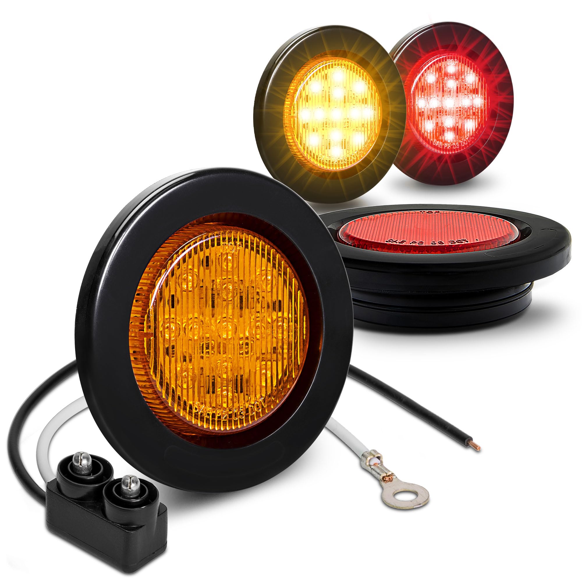 True Mods 4Pc 2.5'' 12V Amber + Red Round Led Clearance Side Marker Light Kit [Dot Approved] [Reflector Lens] [Grommet & Plugs]