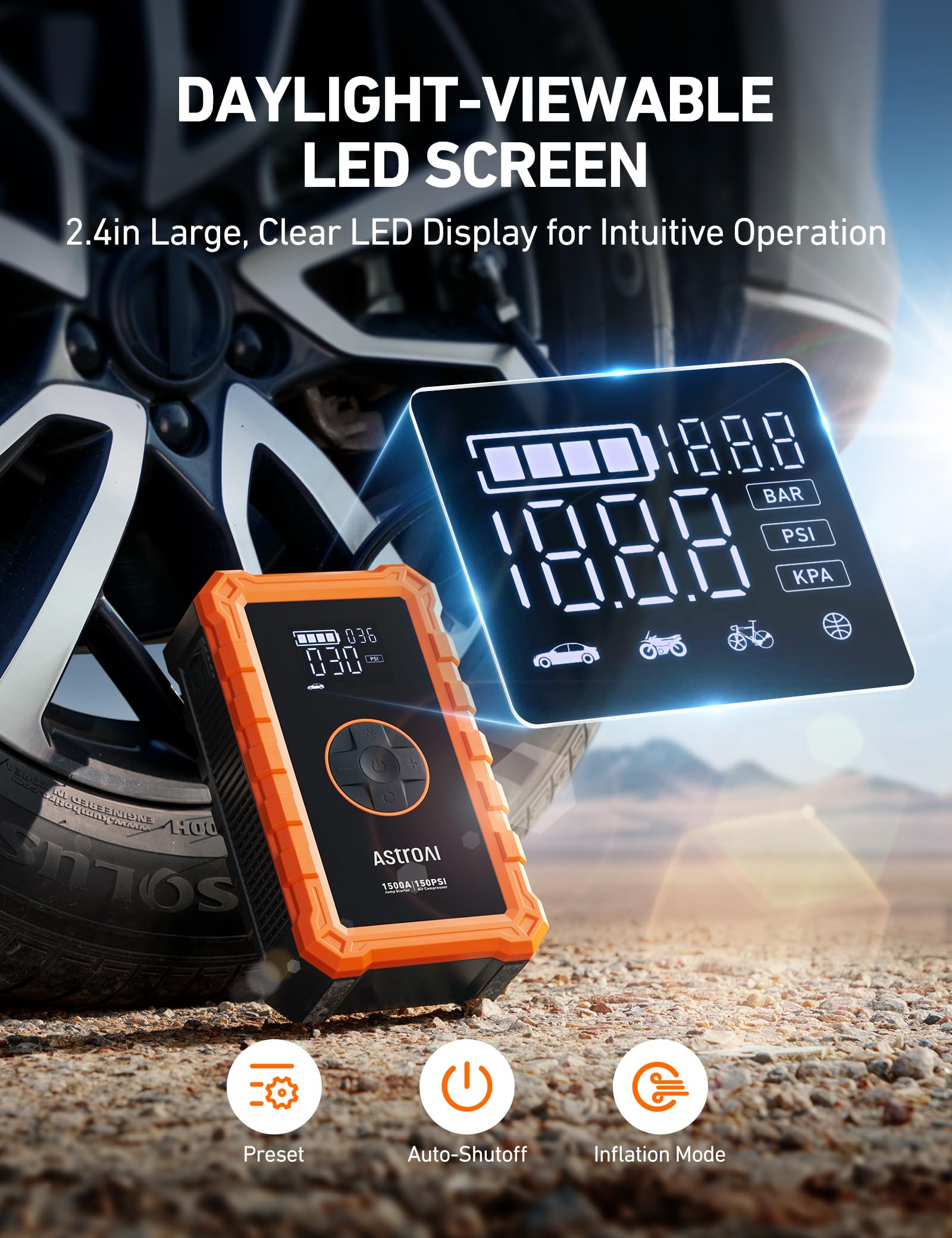 Astroai S8 Air Jump Starter With Air Compressor, 1500A Peak Car Battery Jump Starter Portable (6.0 Gas/3.0L Diesel) With 150Psi