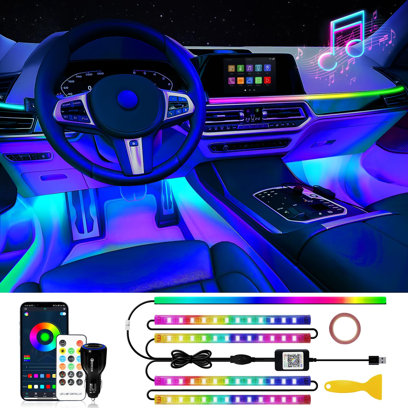 Duofu365 Car Led Light Interior, Rgb Dreamcolor Inside Car Light Music Sync, Under Dash Footwell Automotive Strip Light, 12V Acr