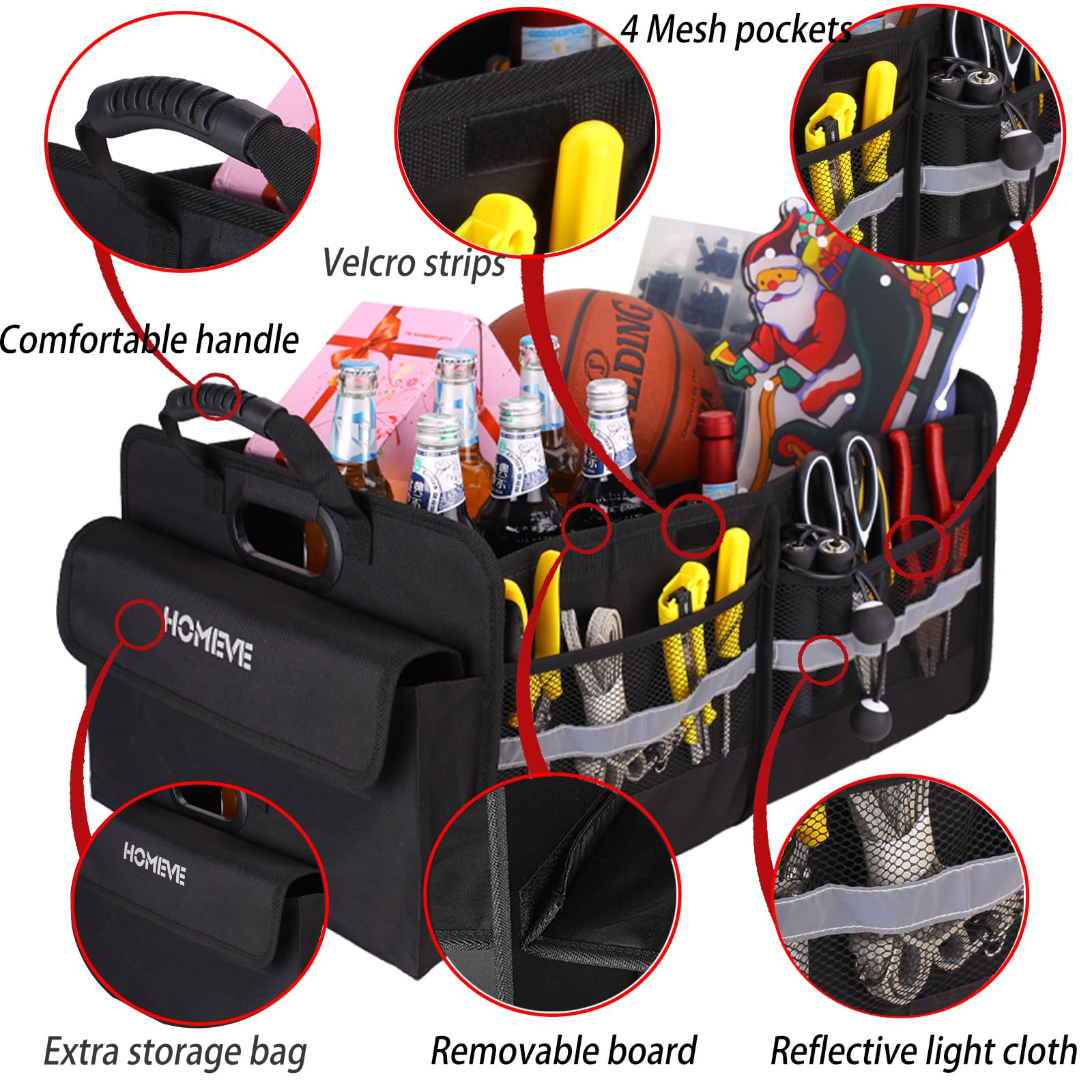 Homeve Trunk Organizer For Car, Collapsible Storage Box, Car Storage Organizer, 3 Compartment, Multi Pockets, Non Slip Strips, A