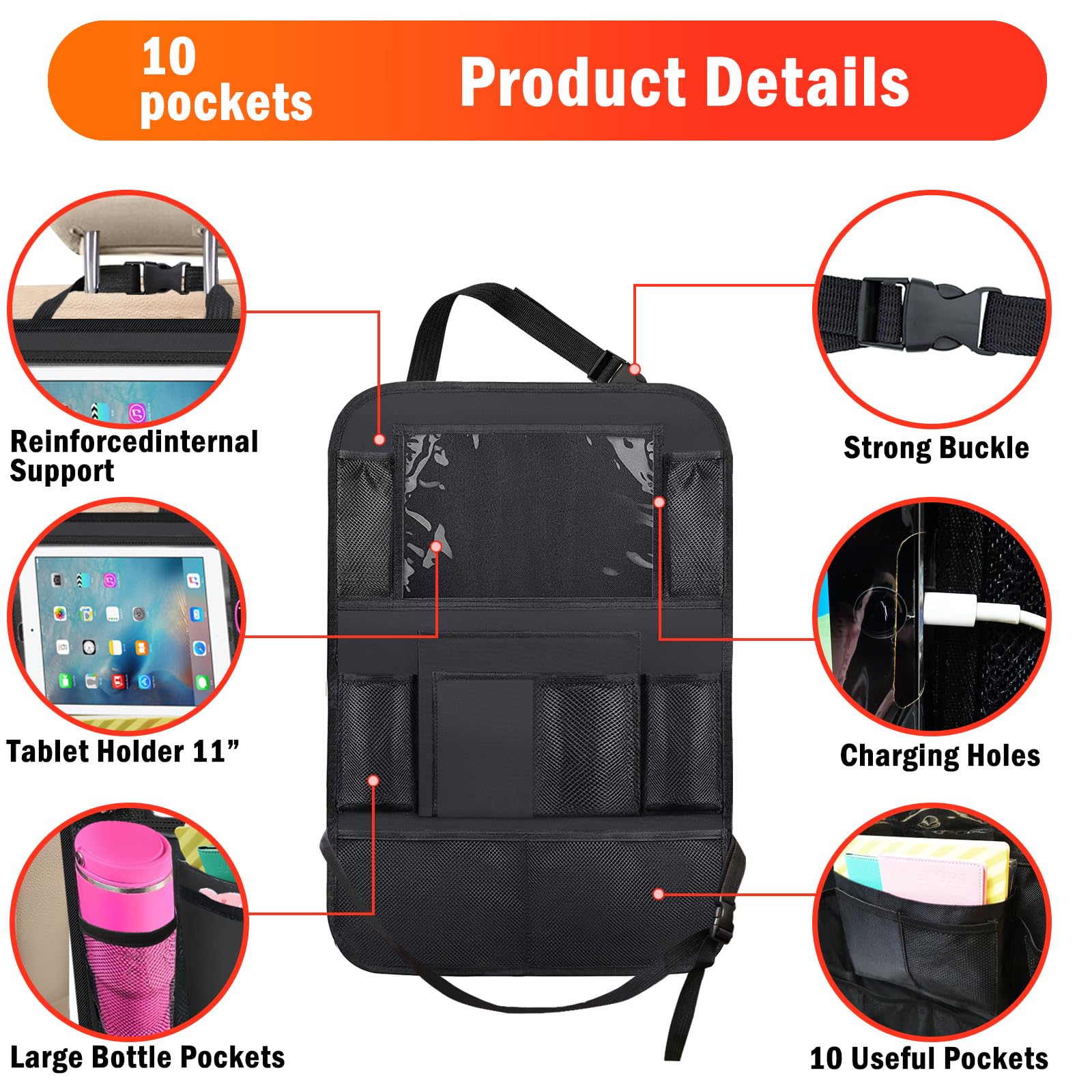 Zecirl Car Backseat Organizer ,2 Pack car organizer back seat with 11'' Tablet Holder, 10 Storage Pockets Seat Back Protectors K