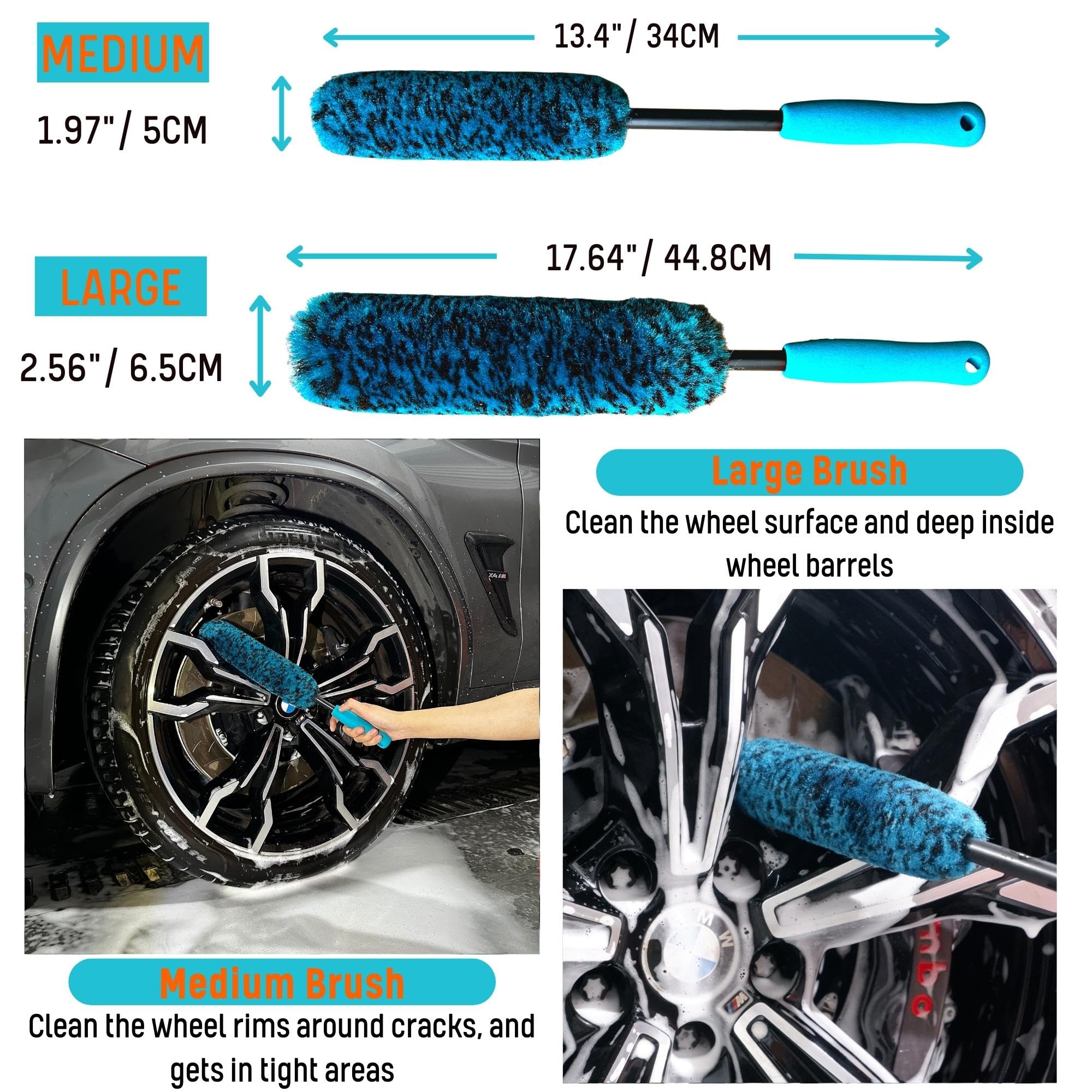 oesee PRO Choice 4 Pack Long Handle Wheel Brush Kit for Cleaning Wheel and Tire- 2X Soft Wheel Cleaning Brush, Detailing Brush a