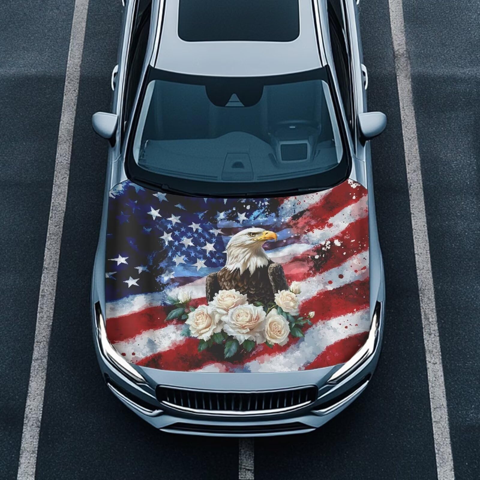 Bald Eagle Flower USA Flag Car Hood Cover Protector 59  39 Inch Stretchable Auto Hood Wrap Blankets Waterproof Sun Proof Auto Pa