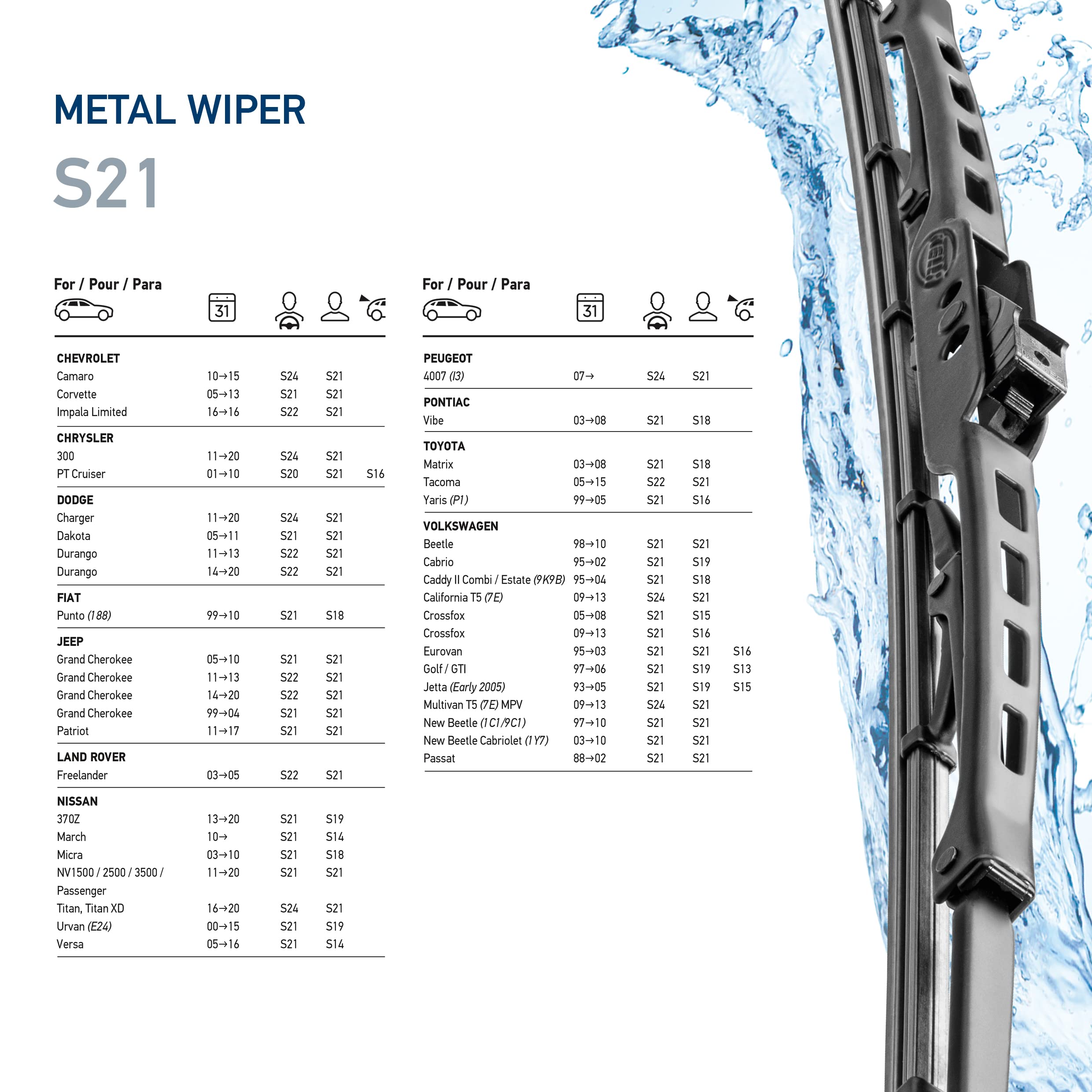 Hella Oe Quality 21 Inch All Seasons Streak-Free Rubber Standard Wiper Blade (Single Blade) Fit Select Chevrolet Chrysler Dodge