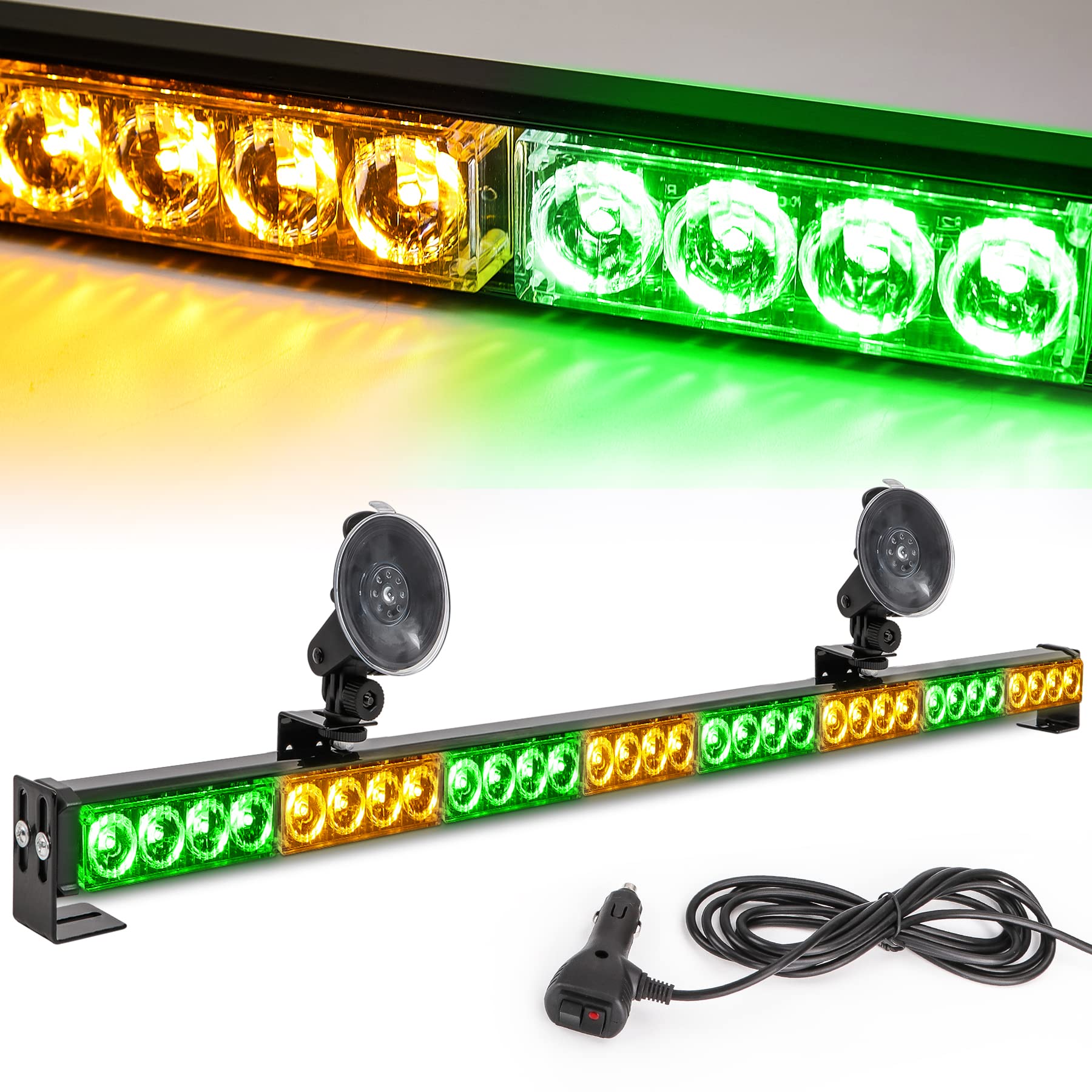 Amber/Green Emergency Strobe Light Bar 36 In 13 Flash Patterns Traffic Advisor Warning Hazard Windshield Safety Lights Bar With