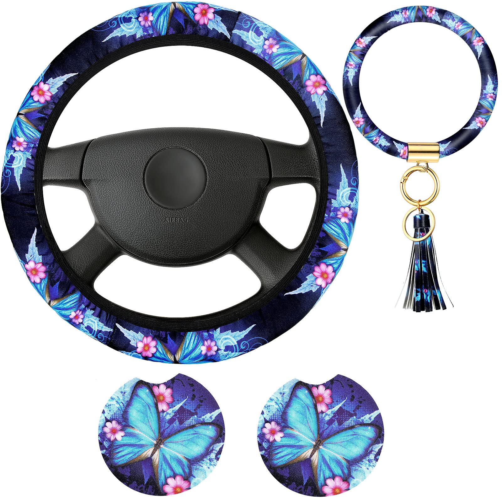 Butterfly Steering Wheel Cover Women Car Accessories Set With Car Cup Pad And Keyring Bracelet Butterflies Design Comfort Grip S