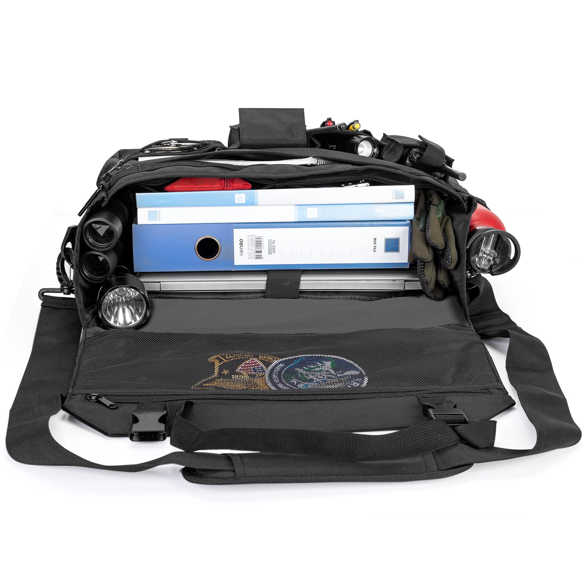 Trunab Patrol Bag, Car Front Seat Organizer, Police Duty Bag For Law Enforcement With 15.6” Laptop Sleeve, Molle Webbing, Multiple Compartment, Removable Strap, Black