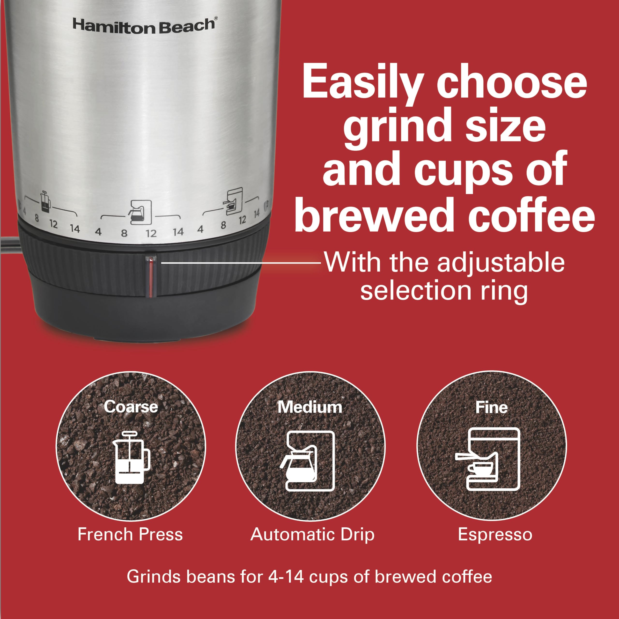 Hamilton Beach Custom Grind Electric Coffee Grinder For 4-14 Cups, One-Press Hand-Free Operation With Auto Shutoff, Removable Gr