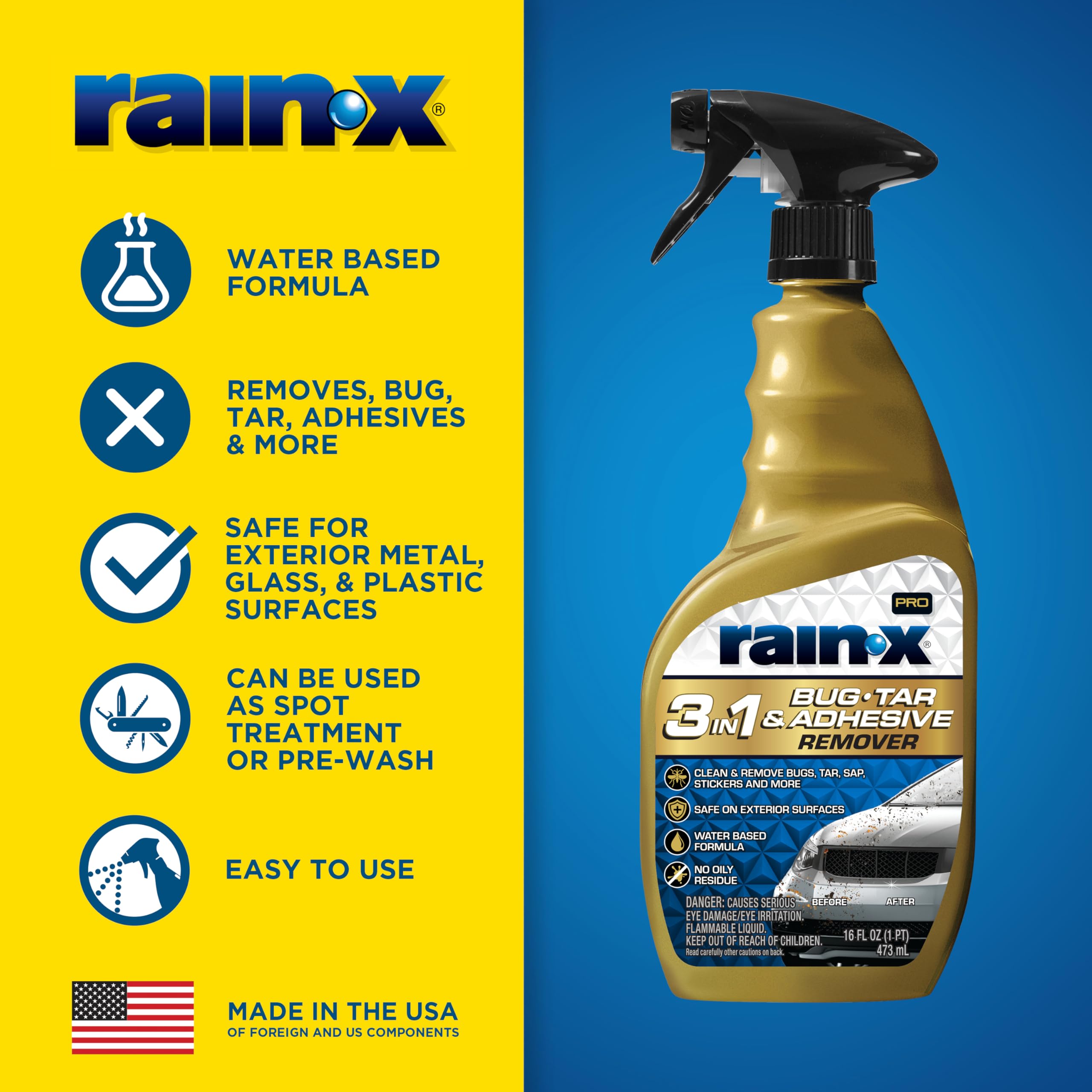 Rain-X Pro 620213 3-In-1 Bug, Tar And Adhesive Remover, 16Oz - Premium Bug, Tar And Adhesive Remover To Help Clean And Remove St