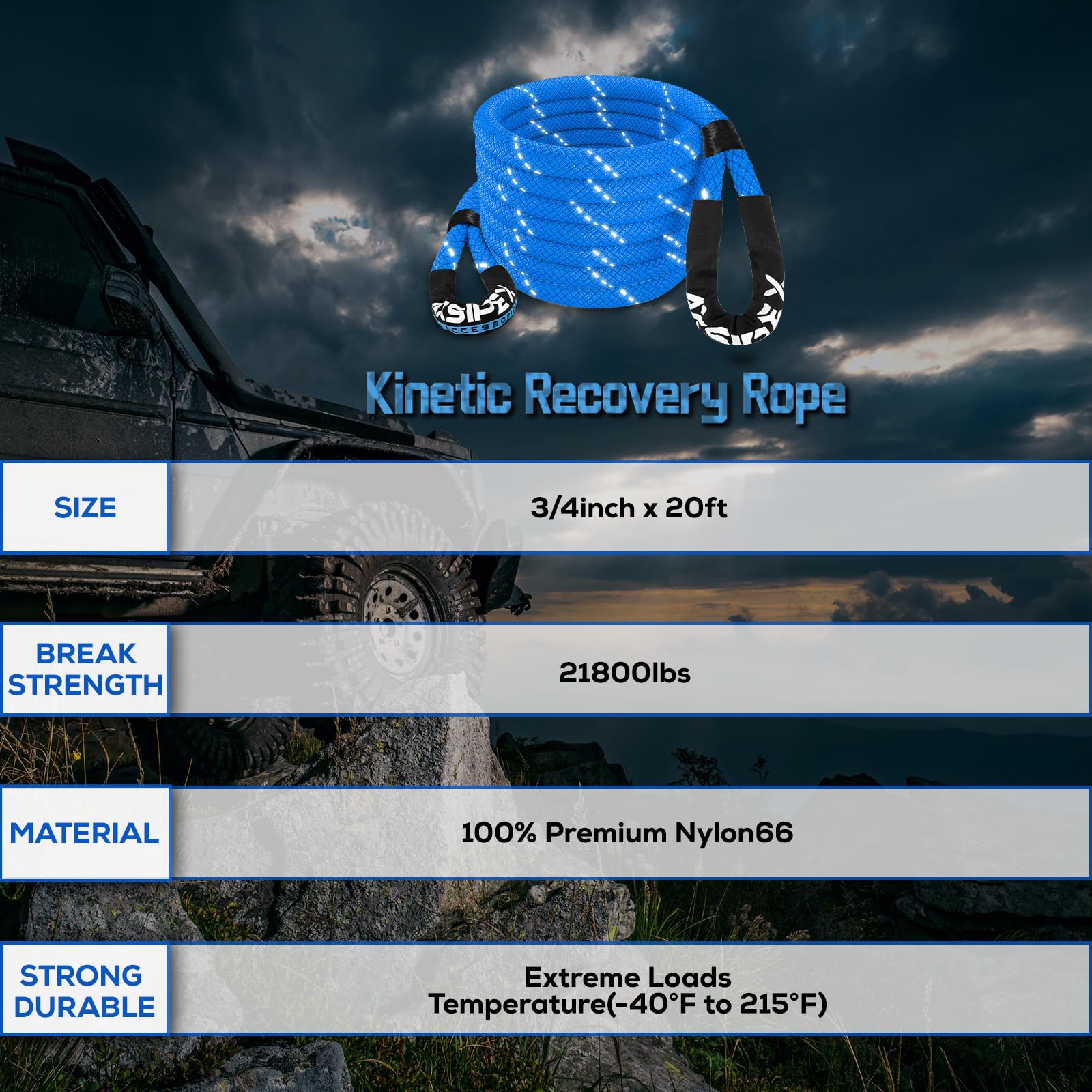 Axsipeix 3/4''  20Ft Kinetic Recovery Rope (21,800Lbs) Heavy Duty Offroad Kinetic Rope For Utv, Atv, Suv, Car (Blue)