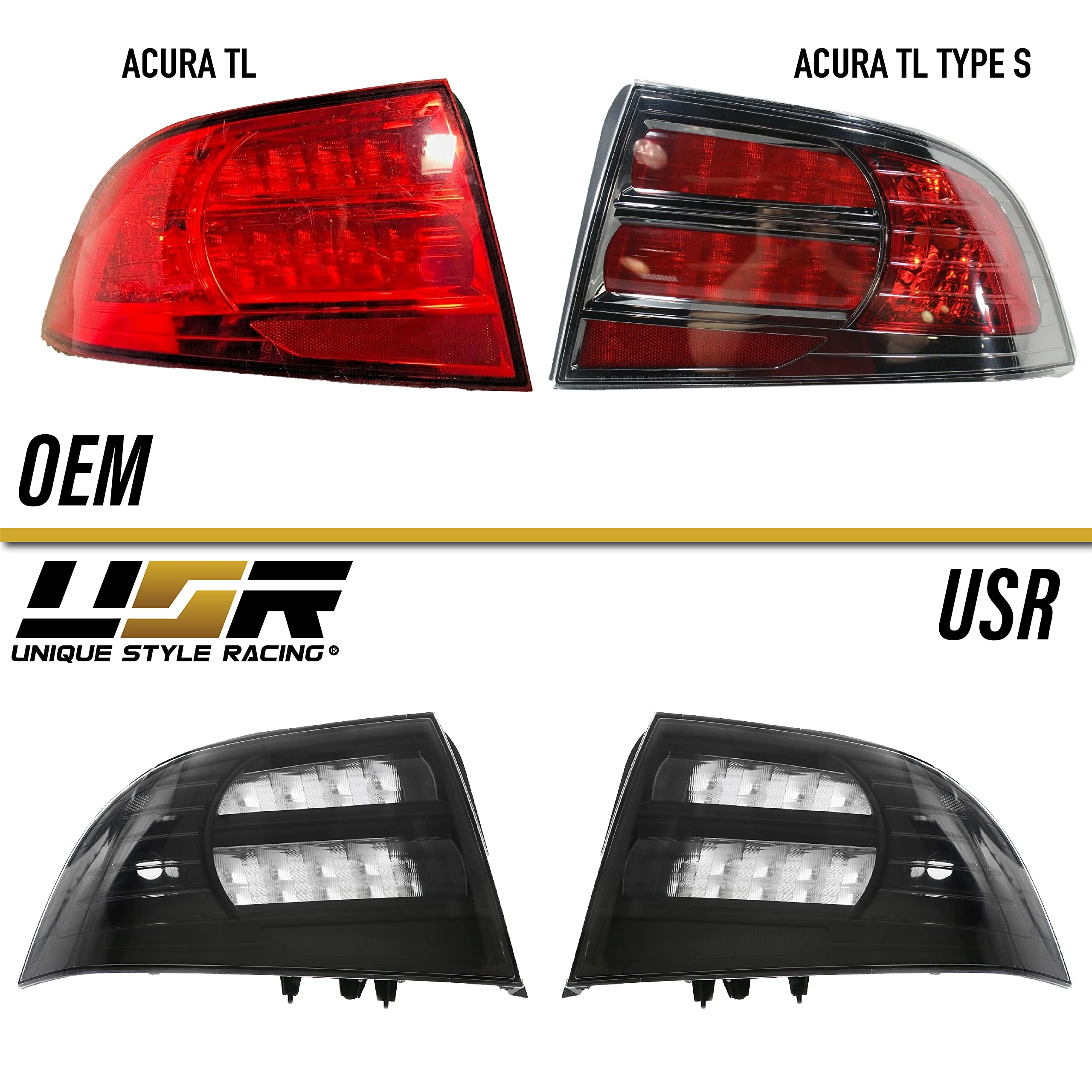 USR UNIQUE STYLE RACING JDM Style Black Housing Tail Lights for 2004-2008 Acura TL (Left + Right) - Smoke Lens Rear Lamps Cover