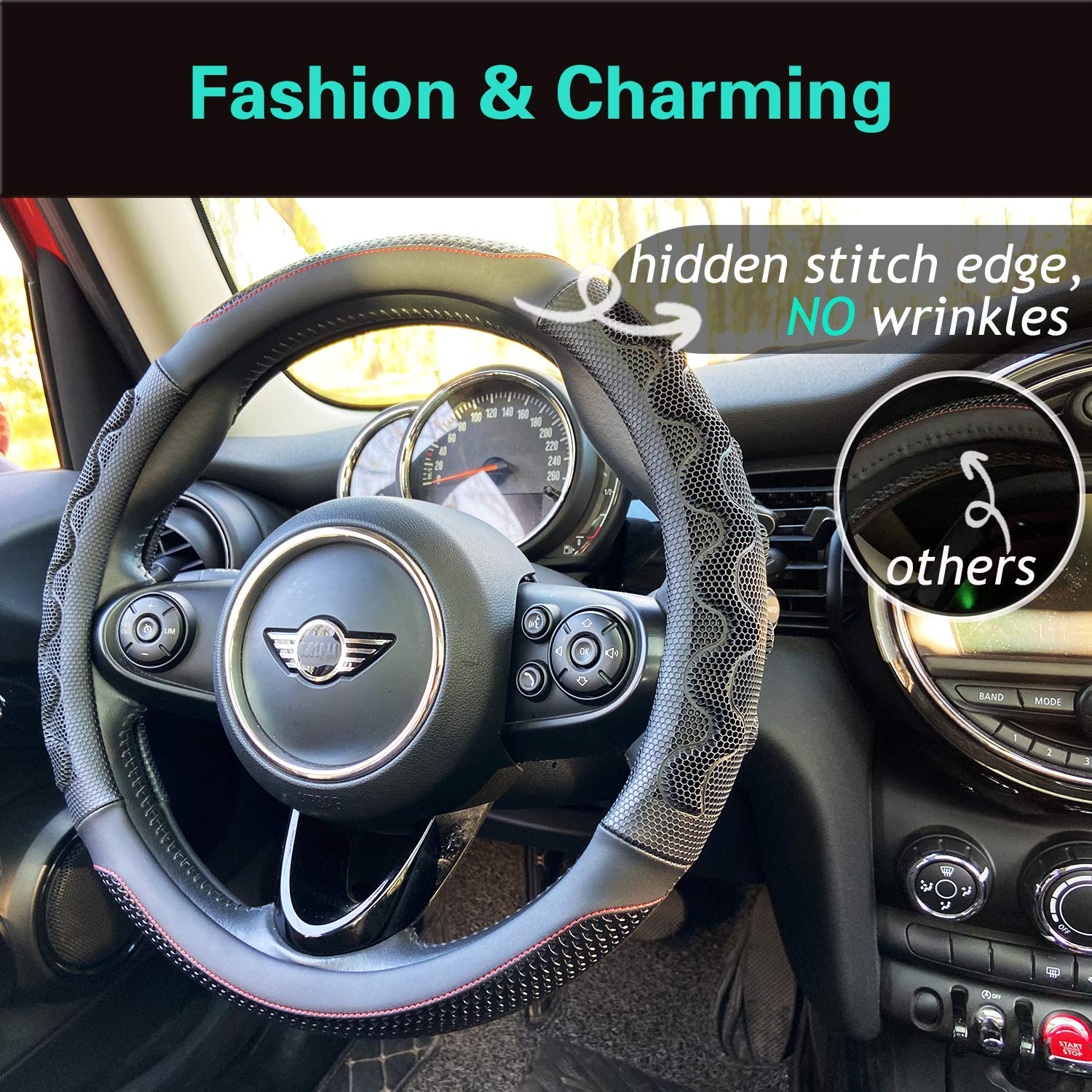 Pinctrot Small Size Steering Wheel Cover Great Grip With 3D Honeycomb Anti-Slip Design, 14 Inch (Black/Red Stitch)