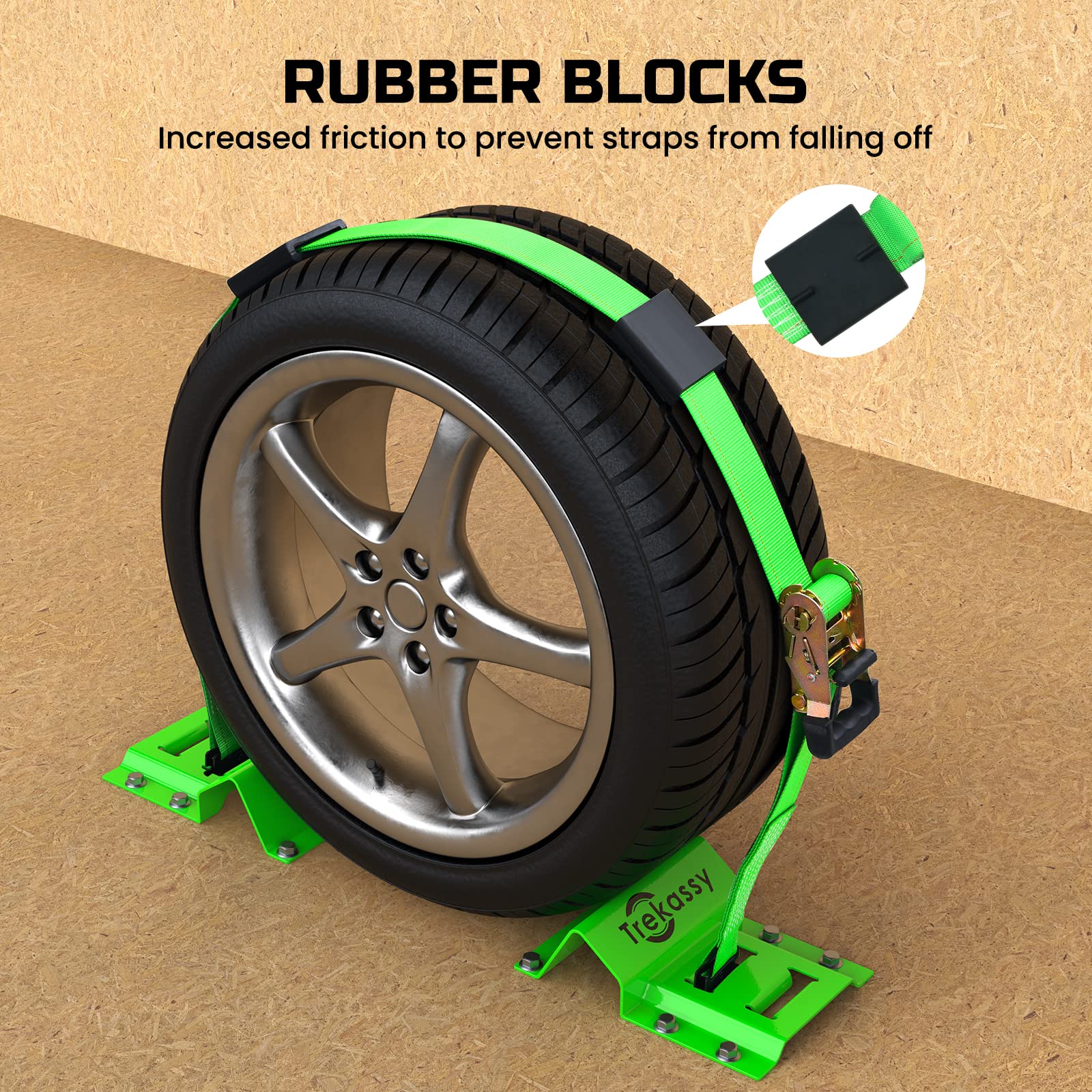 Trekassy Wheel Chock Tie-Down Kit With Rubber Blocks, (4,400Lb Break Strength) Heavy Duty E Track Trailer Tire Straps For Atv, Utv, Lawn Mower- 2 Pack