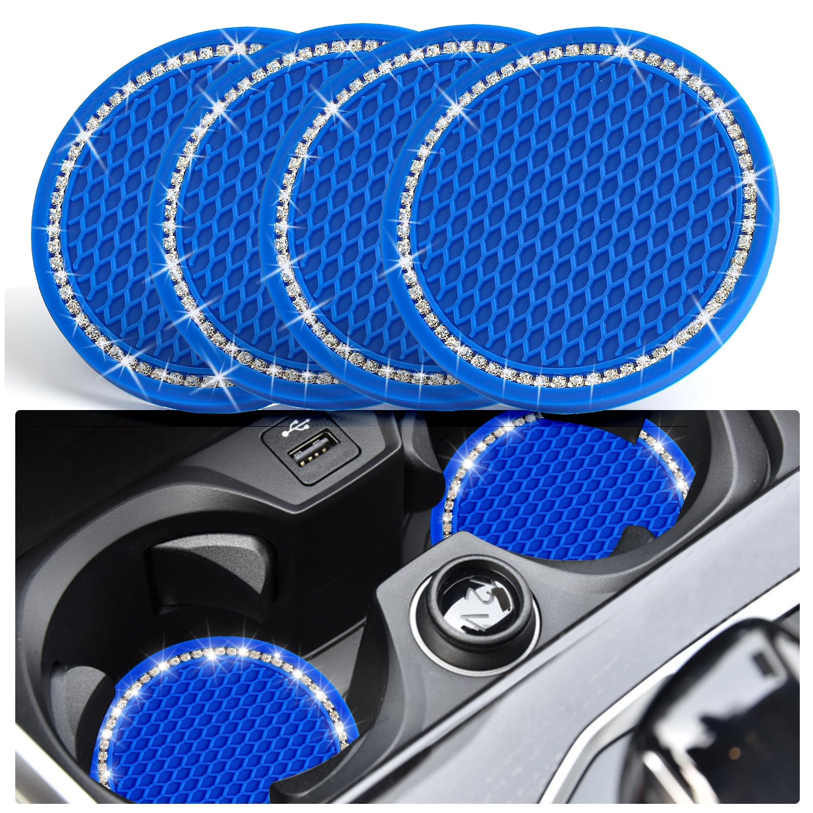 4Pcs Bling Car Cup Coaster, 2.75 Inch Auto Car Cup Holder Insert Coasters Silicone Anti-Slip Crystal Rhinestone Drink Car Cup Ma