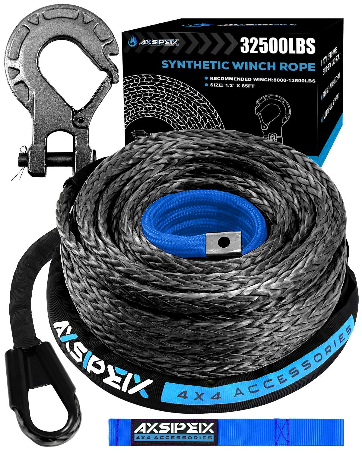 Synthetic Winch Rope Kit, 1/2 x 85ft 32500LBS Blue+Black Winch Cable with Protective Sleeve, Forged Winch Hook and Safety Pull S