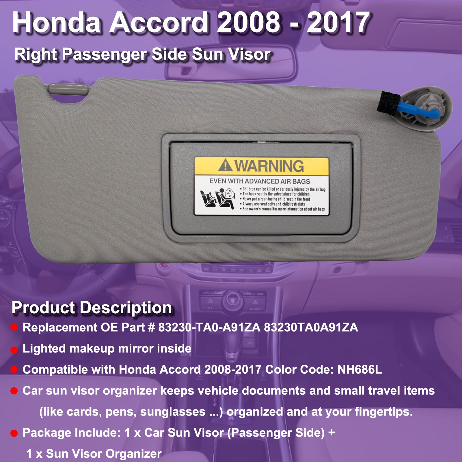 Passenger Right Sun Visor Compatible With Honda Accord 2008 2009 2010 2011 2012 2013 2014 2015 2016 2017 With Light Oem : 83230Ta0A91Za (Grey)