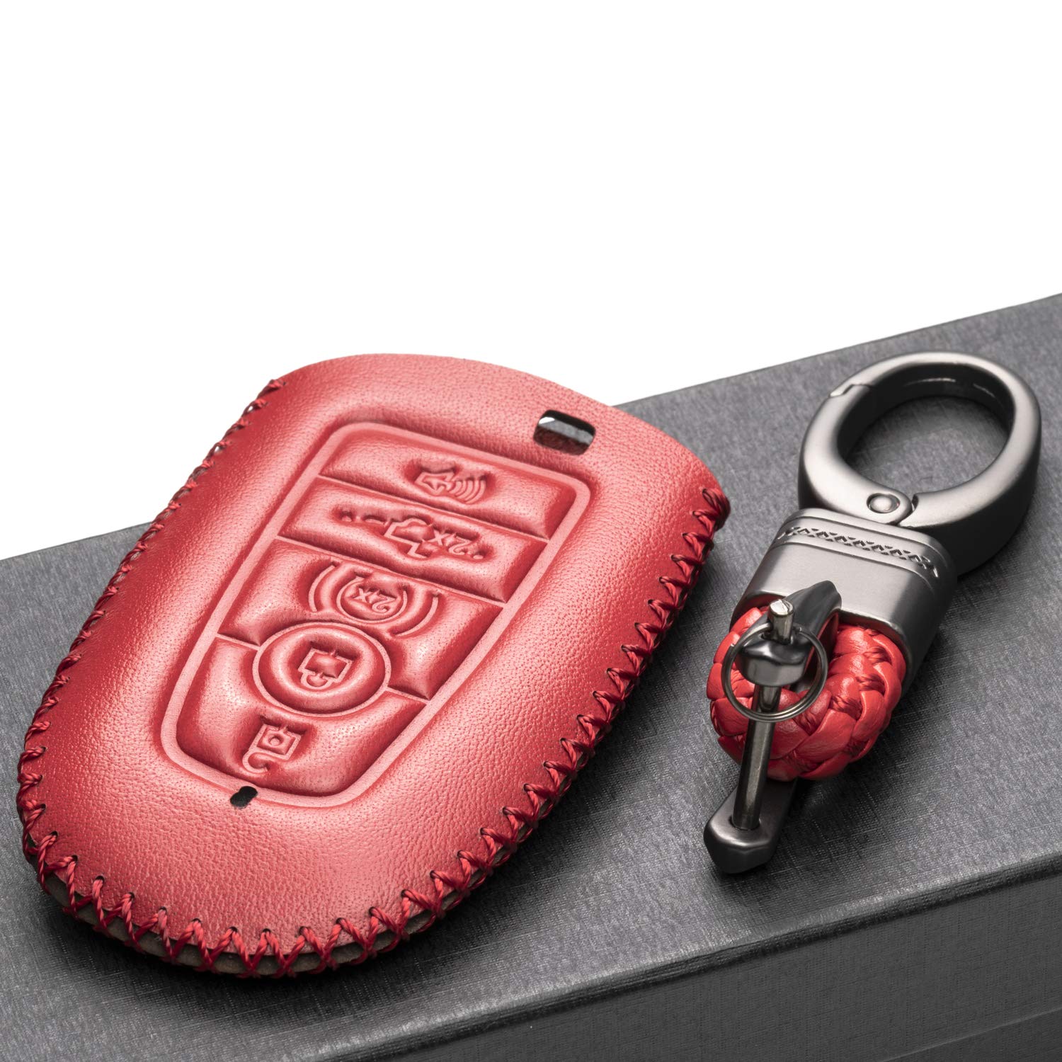 Vitodeco Leather Smart Key Fob Case Compatible With Ford Escape 2025, Bronco 2025, Explorer 2025, Edge 2025, Expedition 2025, F-150, Mustang 2025, F150 2025 And More Models (5-Button, Red)