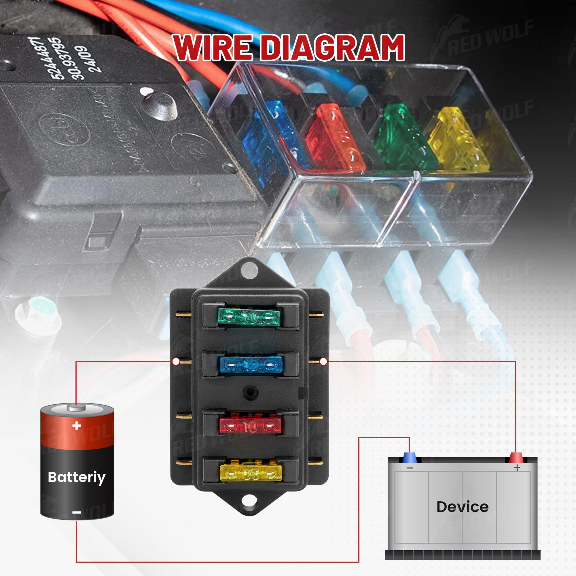 RED WOLF 4 Way Blade Fuse Block Box Holder w/Standard Circuit 10V-32V DC for Automotive Truck Boat Marine RV Van Vehicle Power D