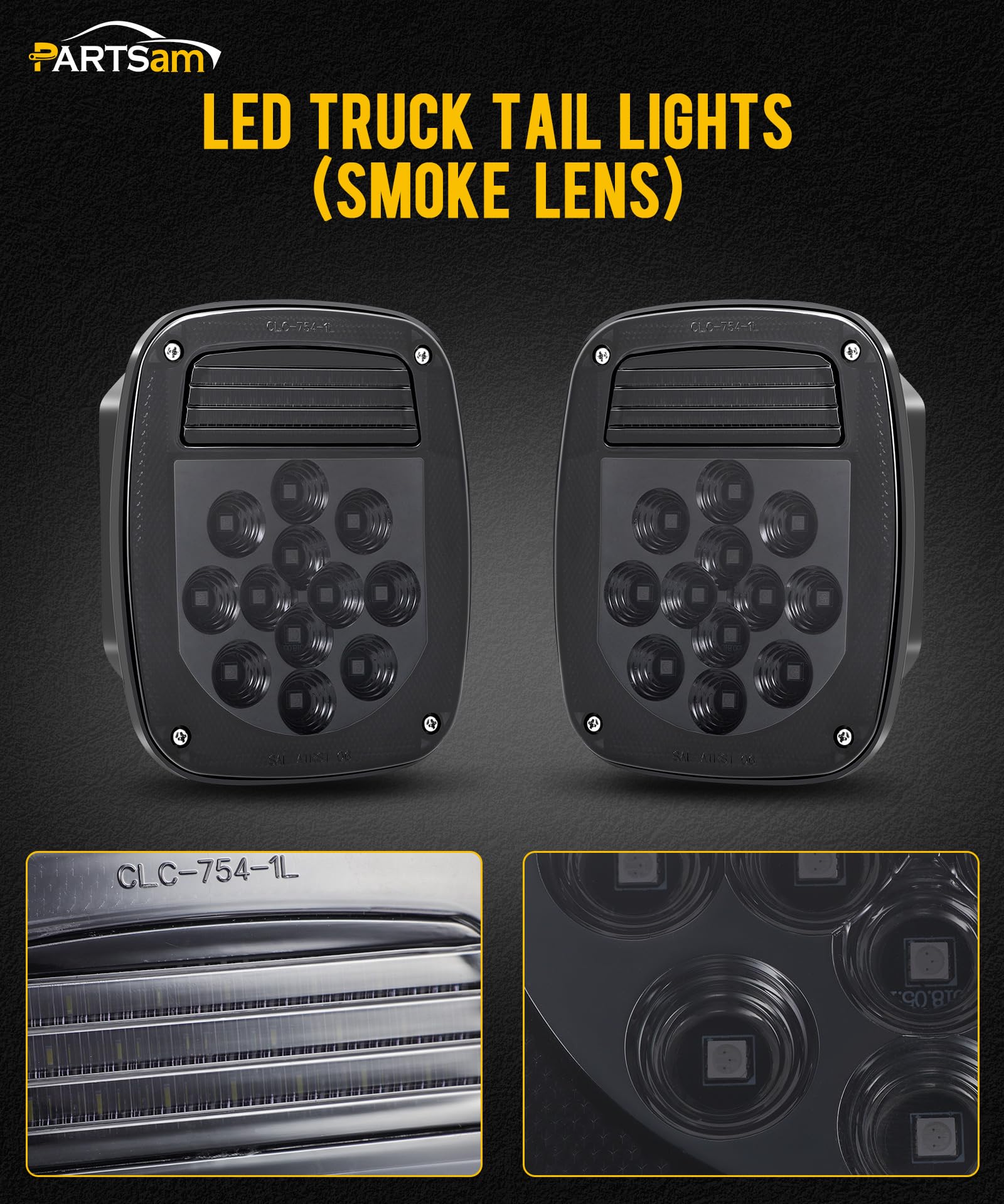 Partsam 2X Led Dump Truck Tail Lights 33 Leds Universal Stop Turn Backup Reverse Taillights With License Plate Light Smoke Lens