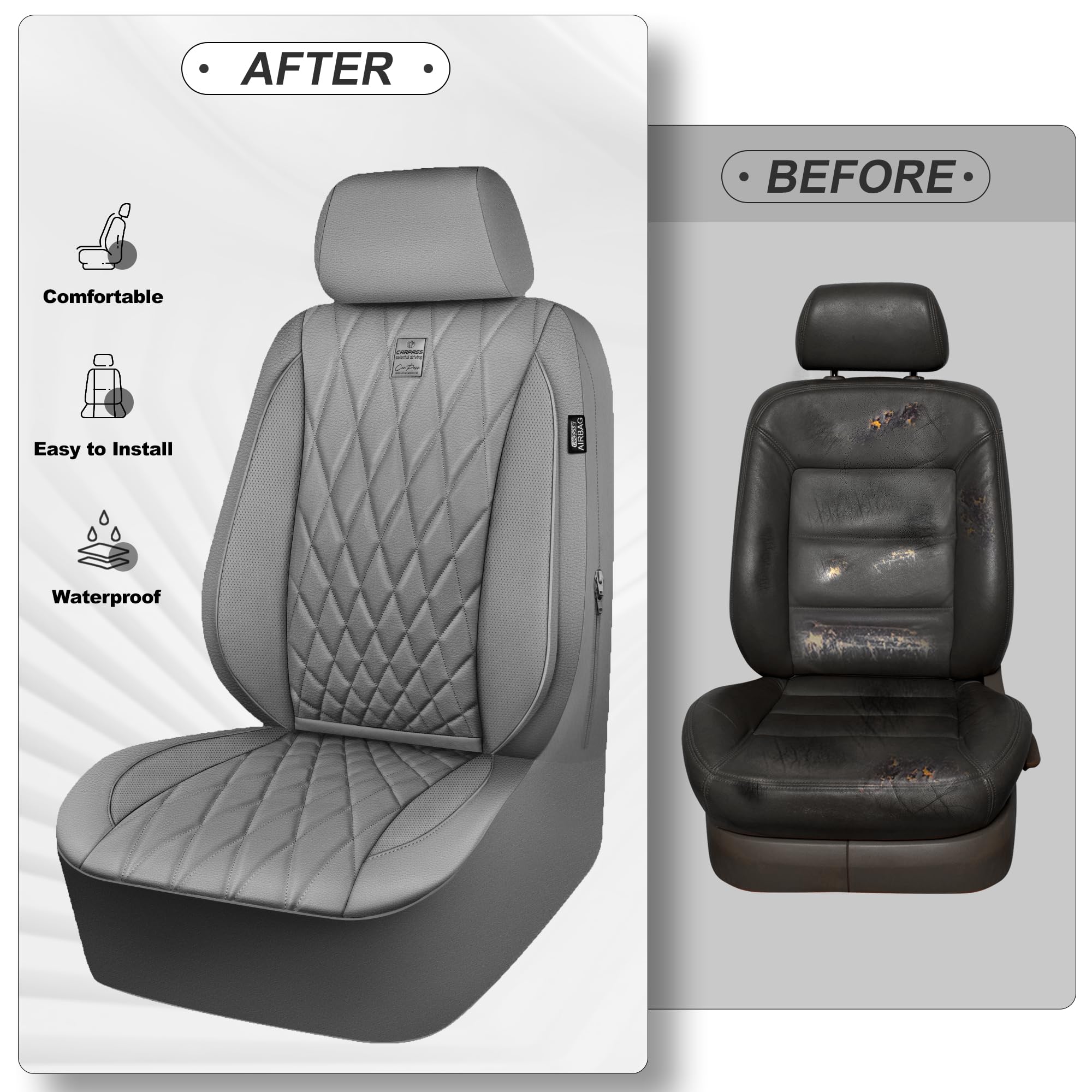 Car Pass Piping Luxury Pu Leather Two Front Car Seat Covers, Waterproof Anti Slip Seat Covers Compatible With Front Seat Armrest