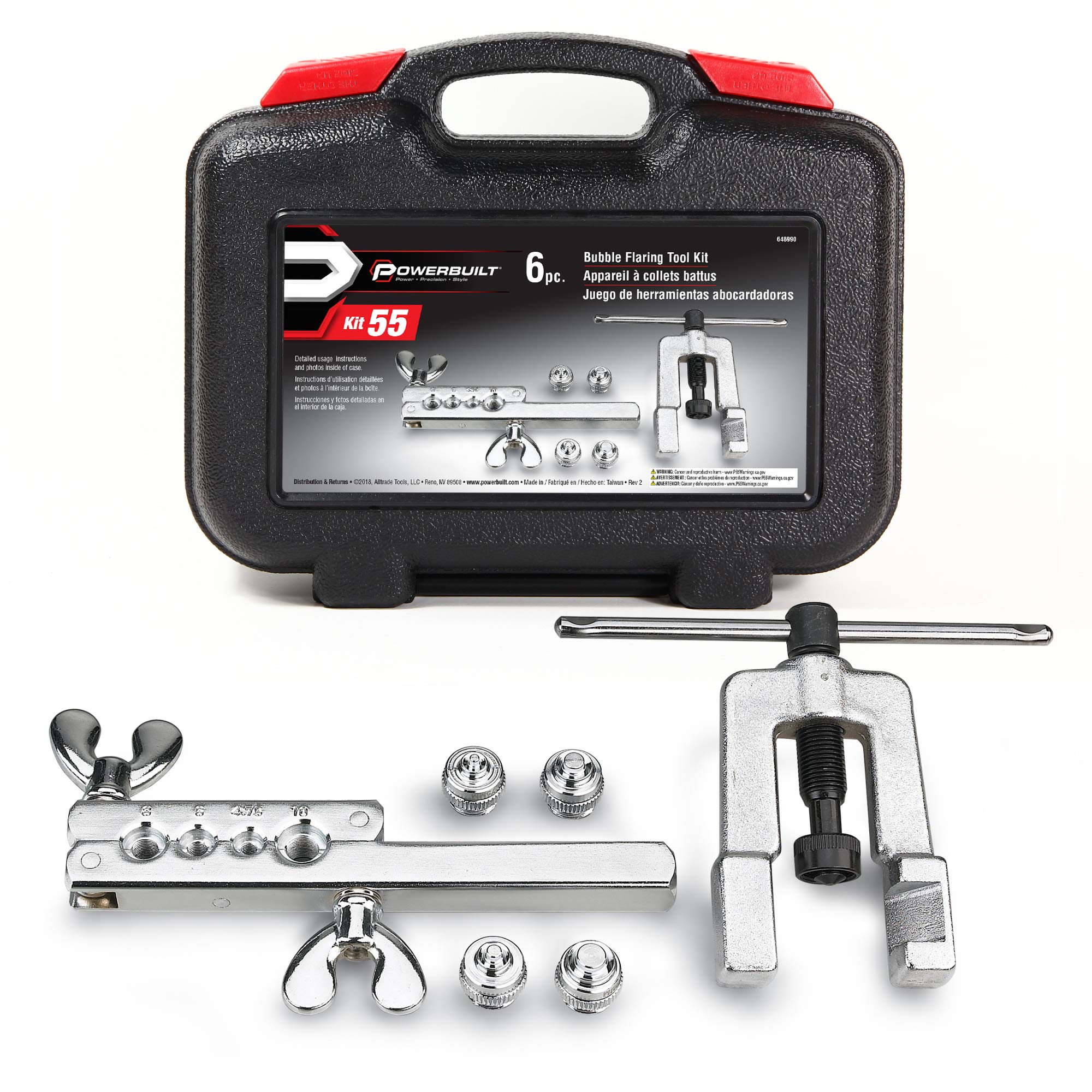Powerbuilt ISO Bubble Flaring Tool Set for Hydraulic Brake Lines, 6 Piece Car Service Kit, Yoke, T-Handle, Adapters, Storage Cas