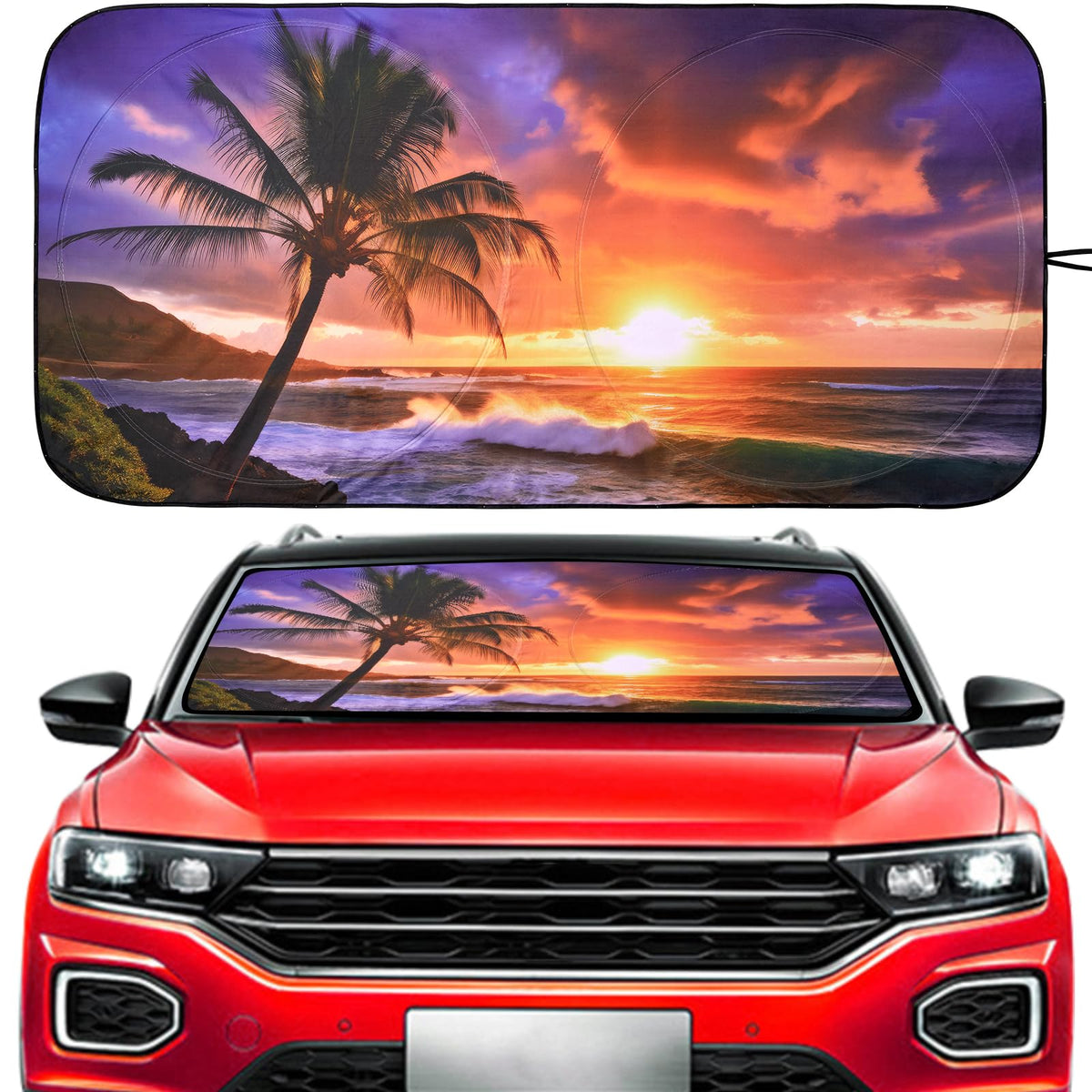 Vepagoo Windshield Sun Shade, Sunset View Design Anti-UV Car window decoration (65X32 inches)