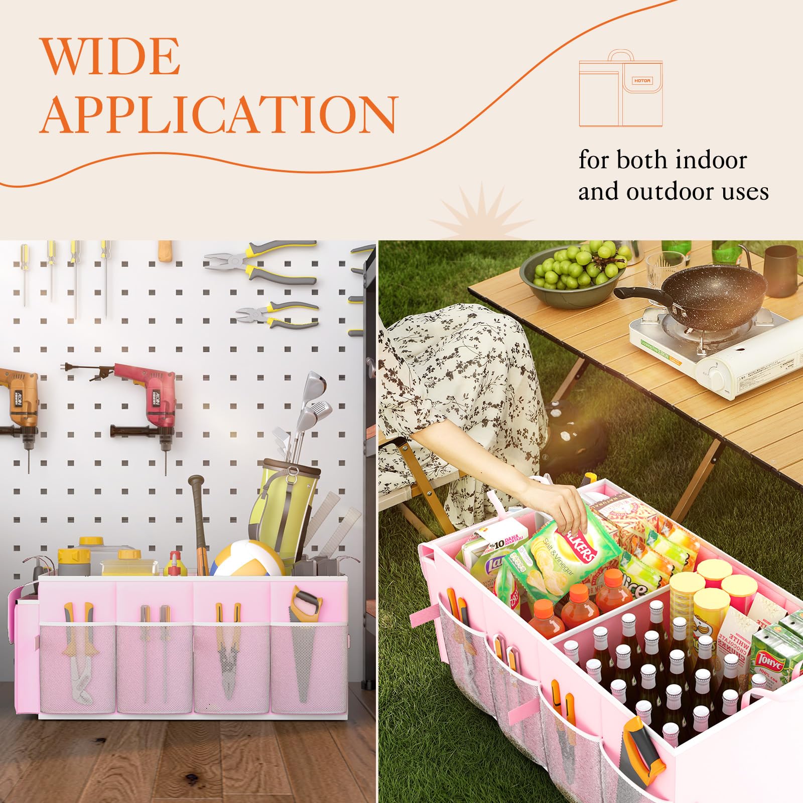 Hotor Foldable Trunk Organizer For Suvs & Sedans, Pink, 2 Compartments, 21.3 ''12.6 ''10.6