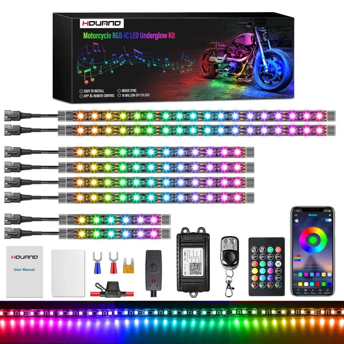 Hovano 8Pcs Motorcycle Magic-Rgb Led Light Kits With Brake Light Turn Signal, Chasing Motorcycle Led Underglow Kit With App/Ir/R