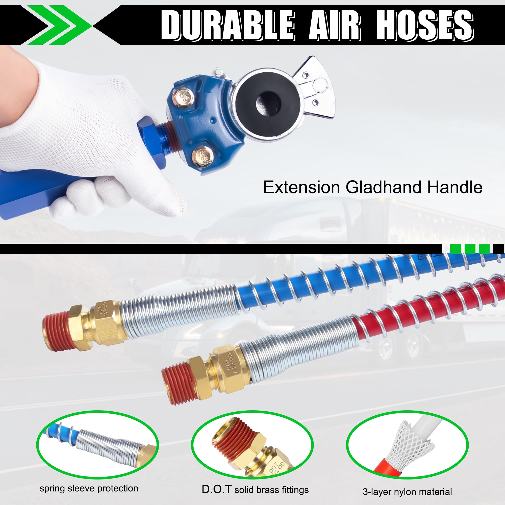 15Ft Air Brake Line Hoses & Abs Electrical Power Cord Assembly With Tender Spring Kit & Gladhands & Handles & Seals, Ailbiuko 1/