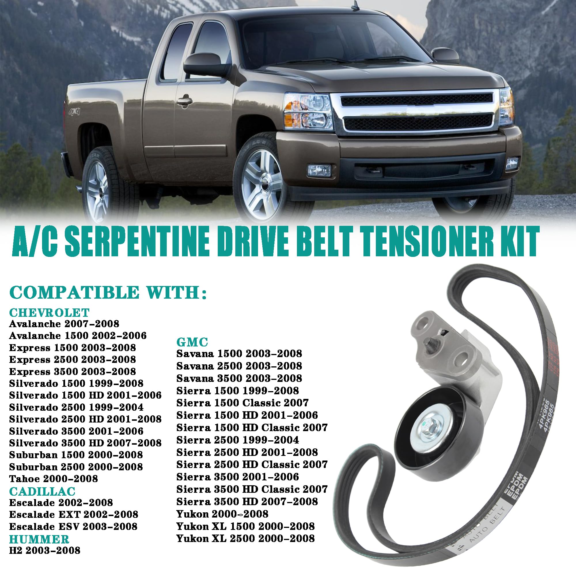 Yzusgomumu Car A/C Serpentine Drive Belt Tensioner Kit 90K-38159 Compatible With 1999-2008 Cadillac Escalade Chevrolet Avalanche