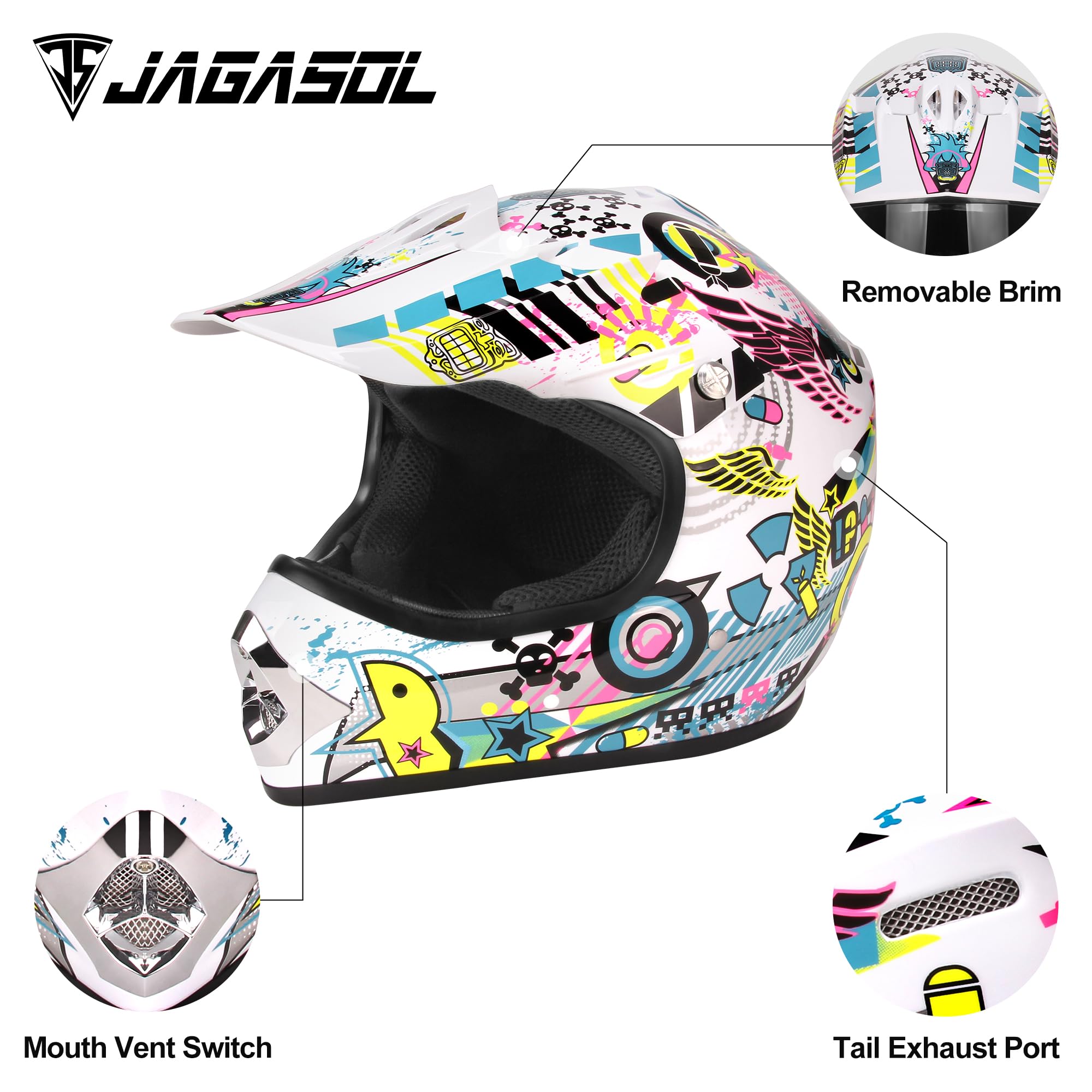 Jagasol Dot Youth Teenager Motocross Offroad Street Dirt Bike Helmet Bmx Mx Atv Helmet With Goggles (Small, White)