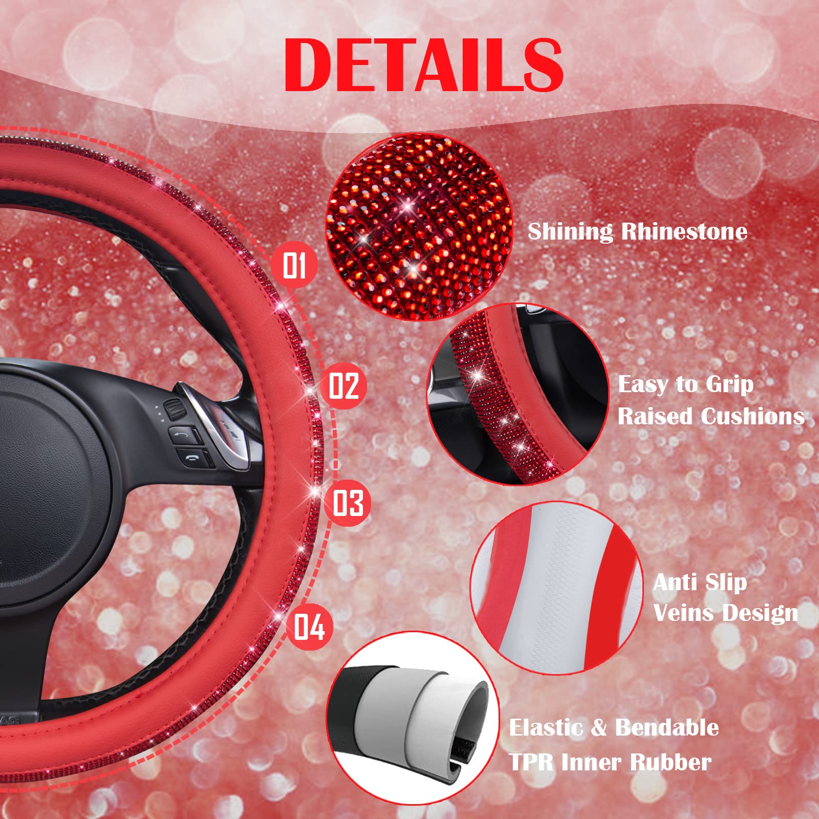 Car Pass Bling Diamond Leather Steering Wheel Cover, With Bling Sparkly Crystal Glitter Rhinestones Universal Fit 14 1/2-15 Car Wheel Protect For Women Girl Fit Suvs,Vans,Sedans,Cars,Trucks, Red
