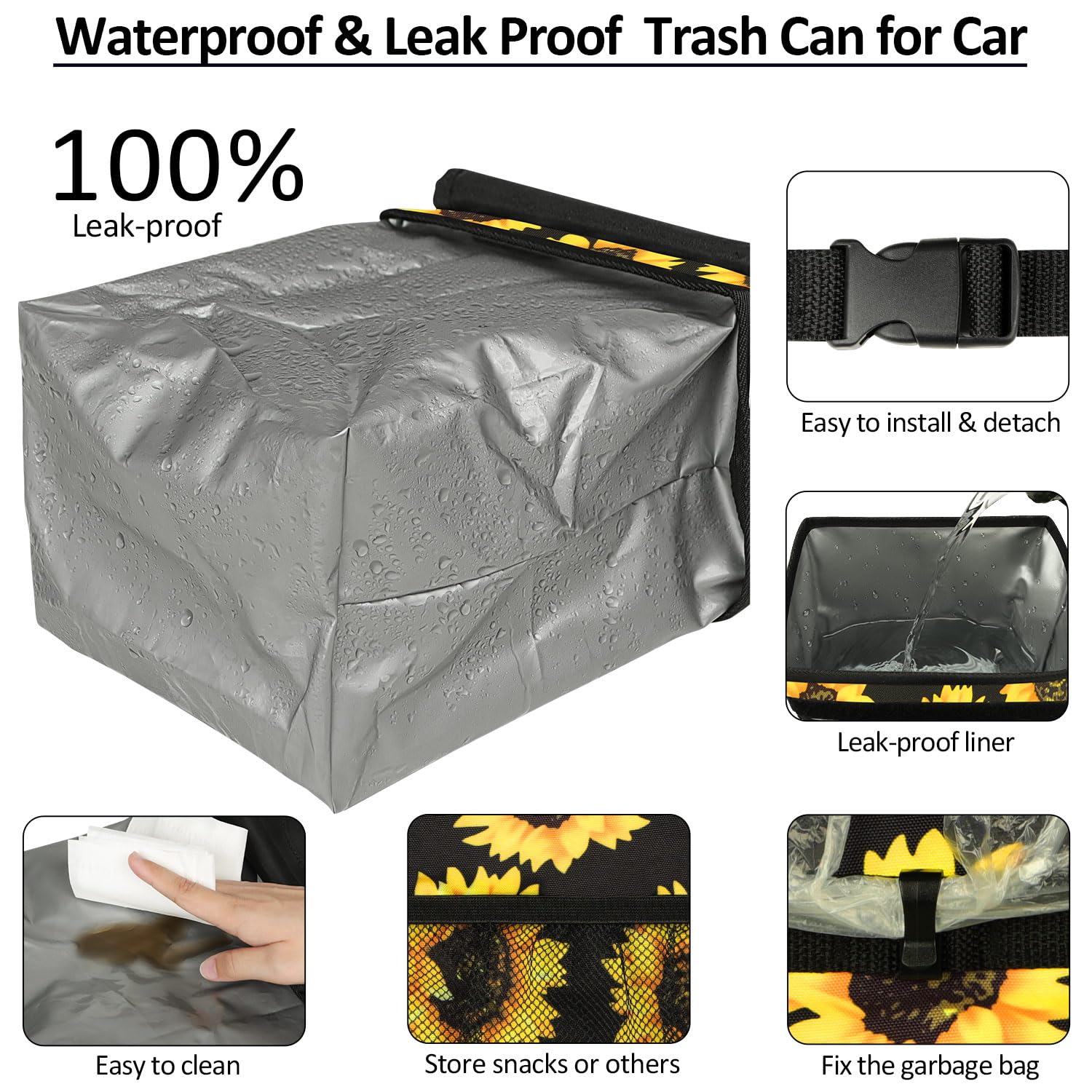 Elongriver Car Trash Can Bin For Car Back Seat Leak Proof, Cute Car Trash Bag Hanging, Vehicle Trash Can For Suv Truck Van, Automotive Car Garbage Cans Front Seat Sunflower Floral