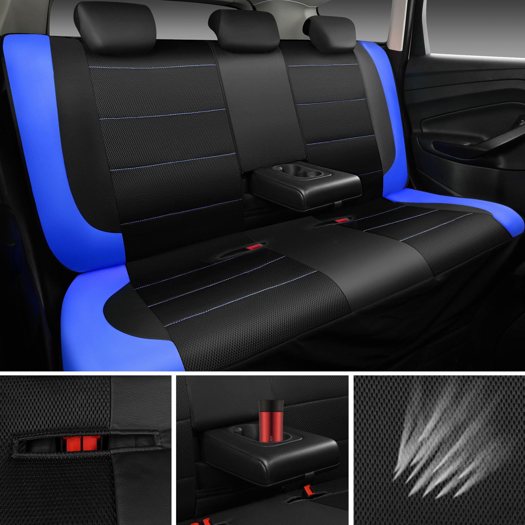 Car Pass Air Mesh Leather Car Seat Covers Full Set,Waterproof Car Floor Mats, Sporty Steering Wheel Cover 14.5-15Inch,Car Interi