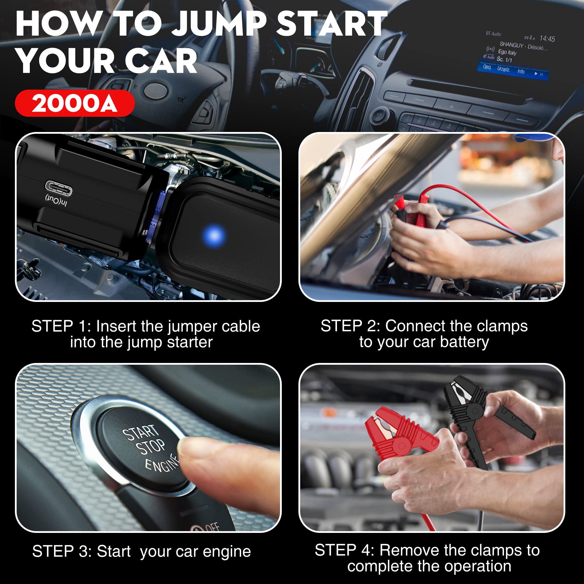 Nexpow Car Jump Starter, 2000A Peak 12V Portable Car Battery Starter, Auto Battery Booster, Lithium Jump Box With Led Light/Usb Quick Charge 3.0