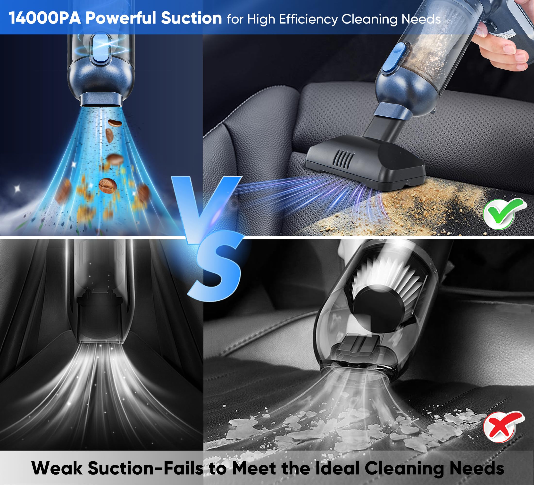 AUXTUR Car Vacuum Cordless, 4 in 1 Handheld Vacuum with Brushless Motor in 14000PA Powerful Suction, Mini Vacuum Cleaner with On