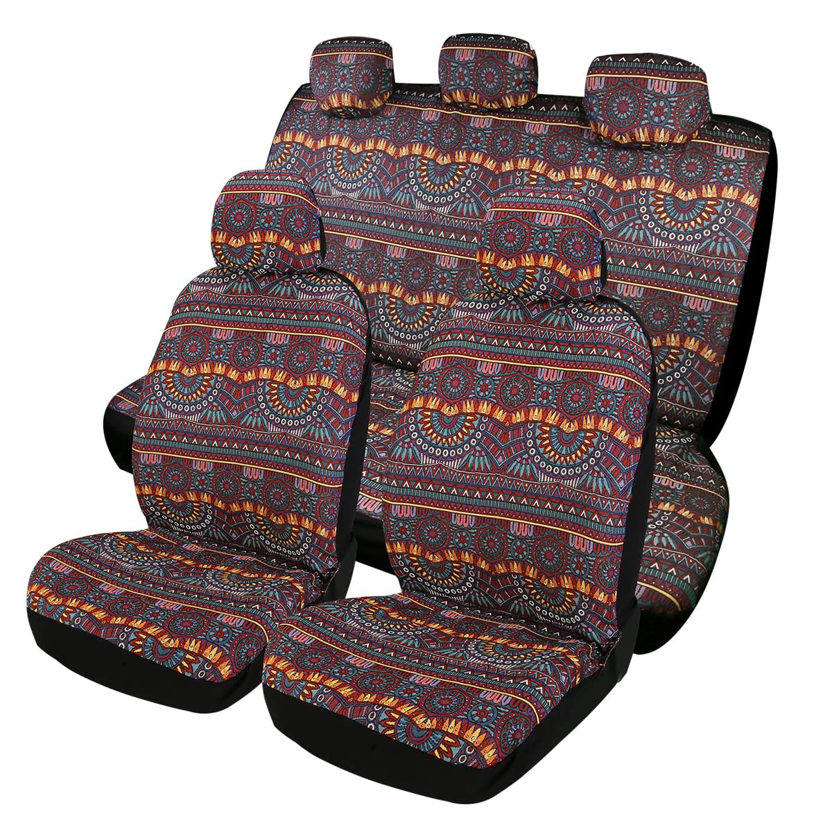 Ponyjoyup Baja Saddle Blanket Car Seat Covers 9Pcs Full Set, Breathable And Washable Striped Woven Automotive Vehicle Seat Cover, Universal Boho Seat Cover For Sedan, Suv, Truck, Airbag Compatible