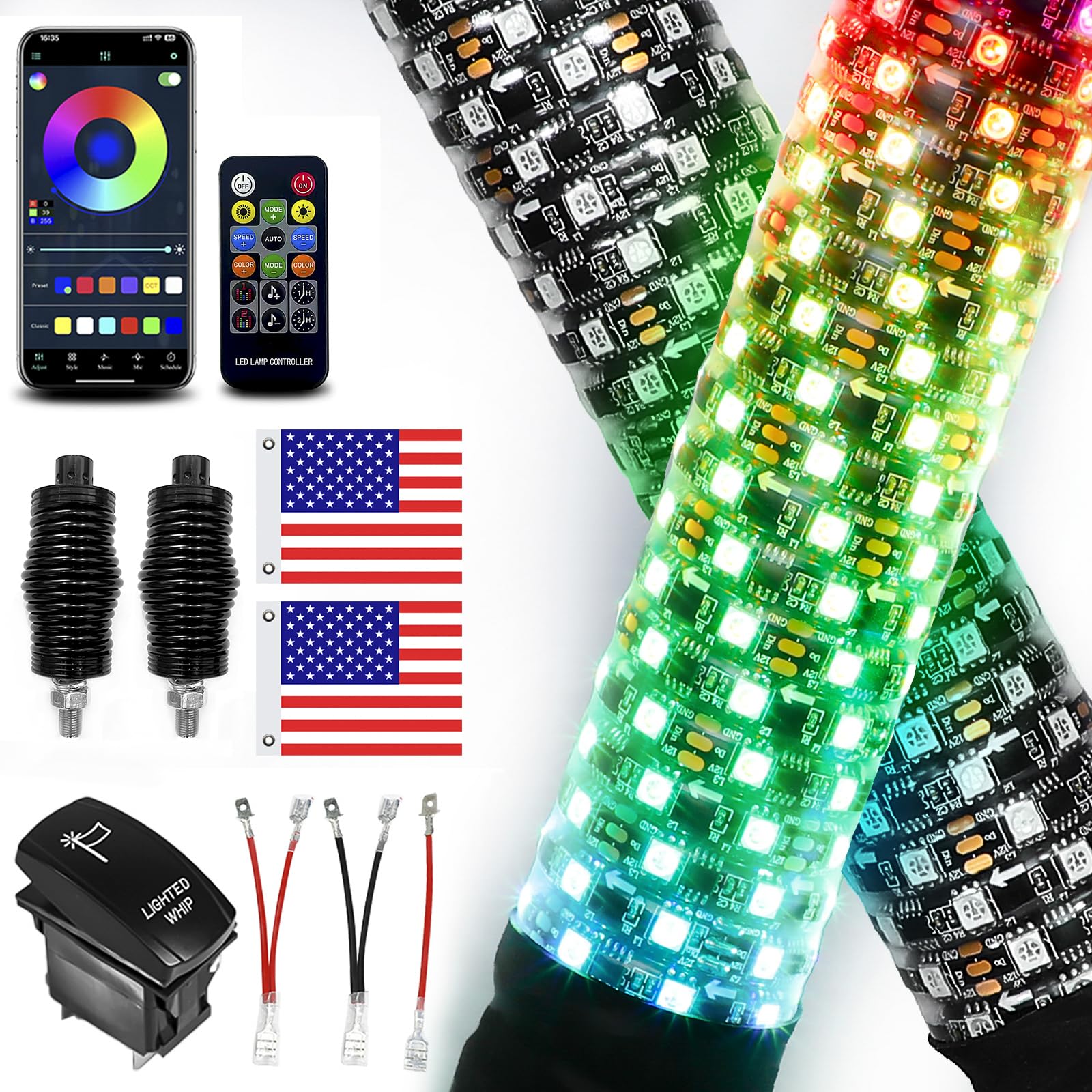 VI9000 2 Pack 3FT Fat LED Lights with App & Remote Control, Spiral RGB Chasing Antenna Whips for SXS UTV ATV RZR, Can-Am X3 Off-