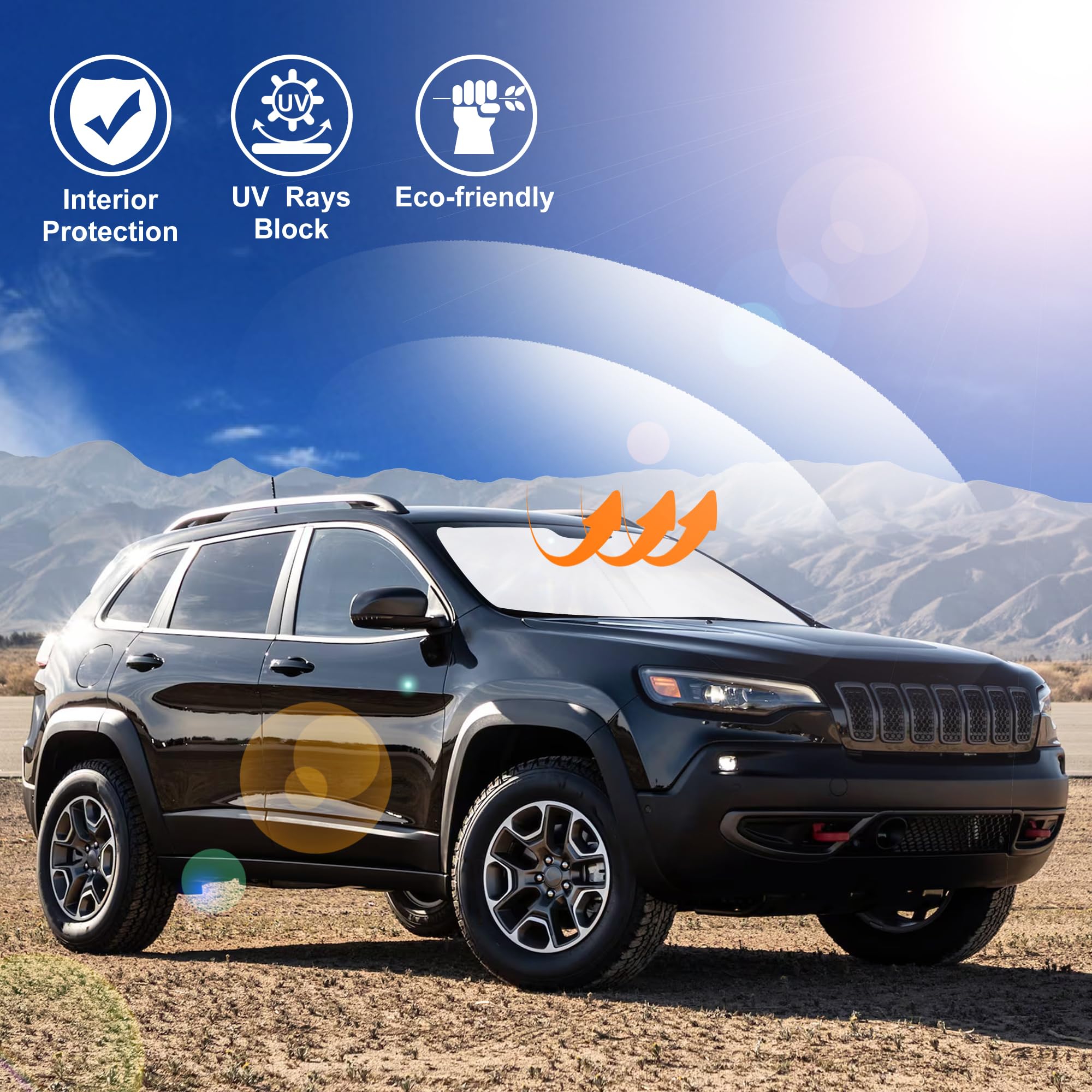 Windshield Sun Shade Foldable Sunshade Protector Custom Fit Jeep Cherokee 2014-2024 Trailhawk,Overland, Limited, Latitude, Altit