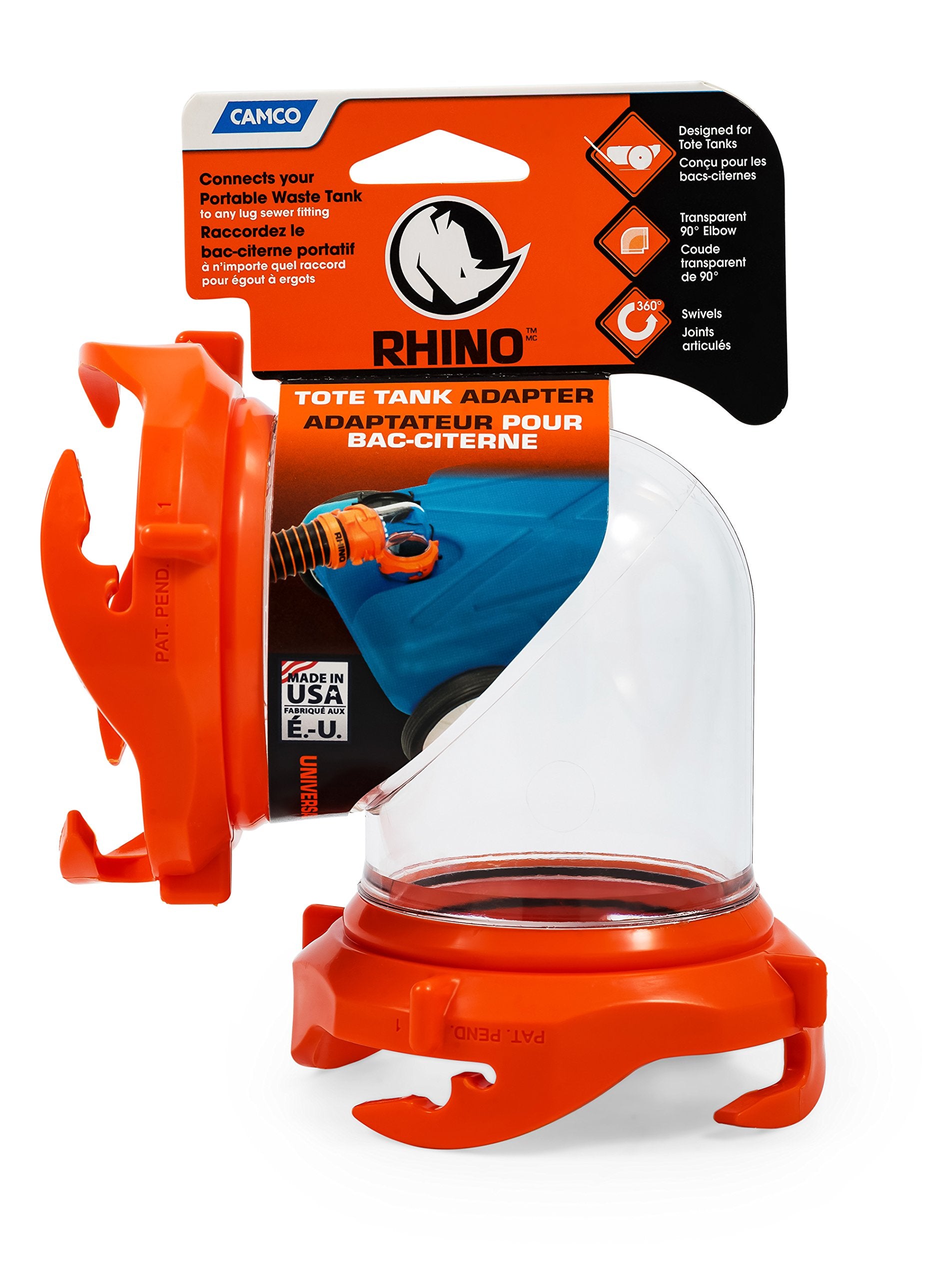 Camco Rhino 90-Degree RV Tote Tank Adapter - Features Clear Low-Profile 90-Degree Elbow & 4 Bayonet Prongs on Each End for Odor-Tight Locking Action - Crafted of Heavy-Duty Resin (39485)