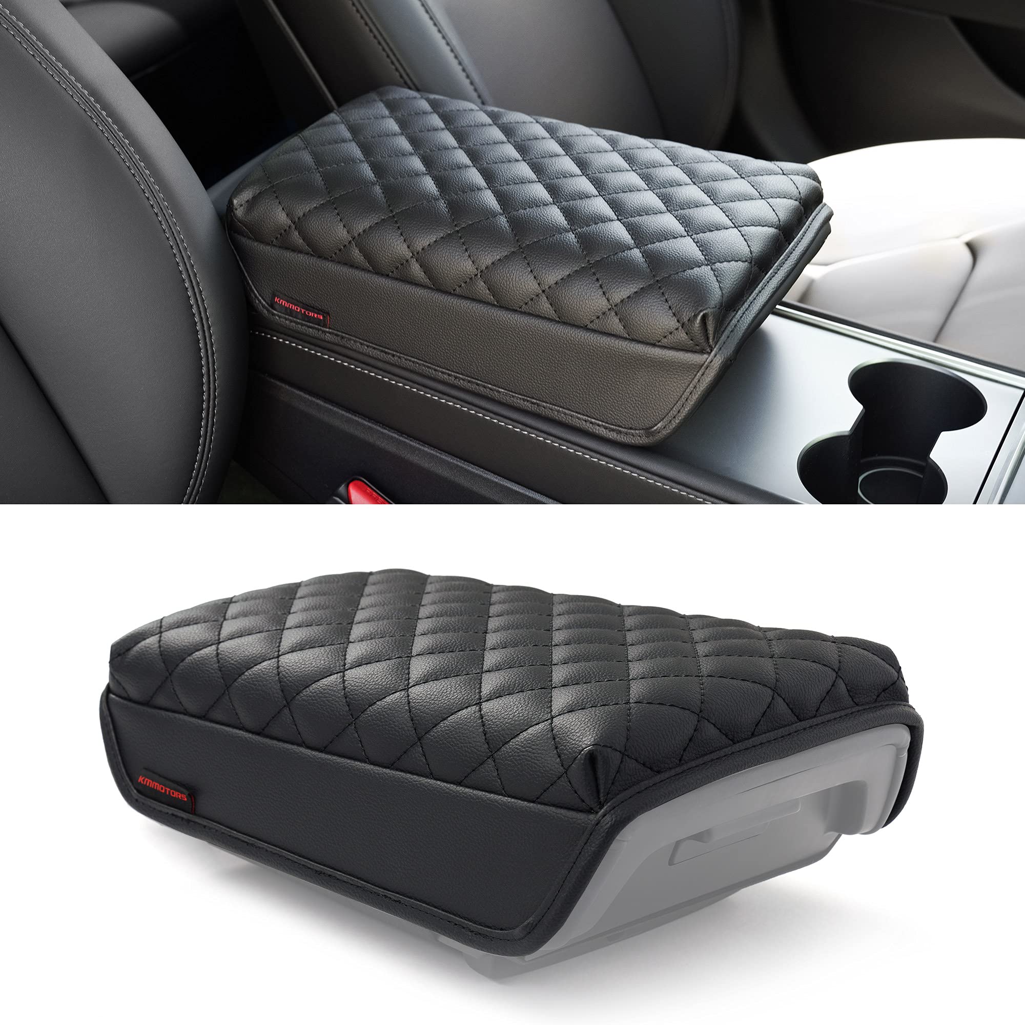 Kmmotors Model Y, Model 3 Center Console Cover Quilting Black, Armrest Cushion, Console Protector, Vegan Leather, Tesl* Accessor