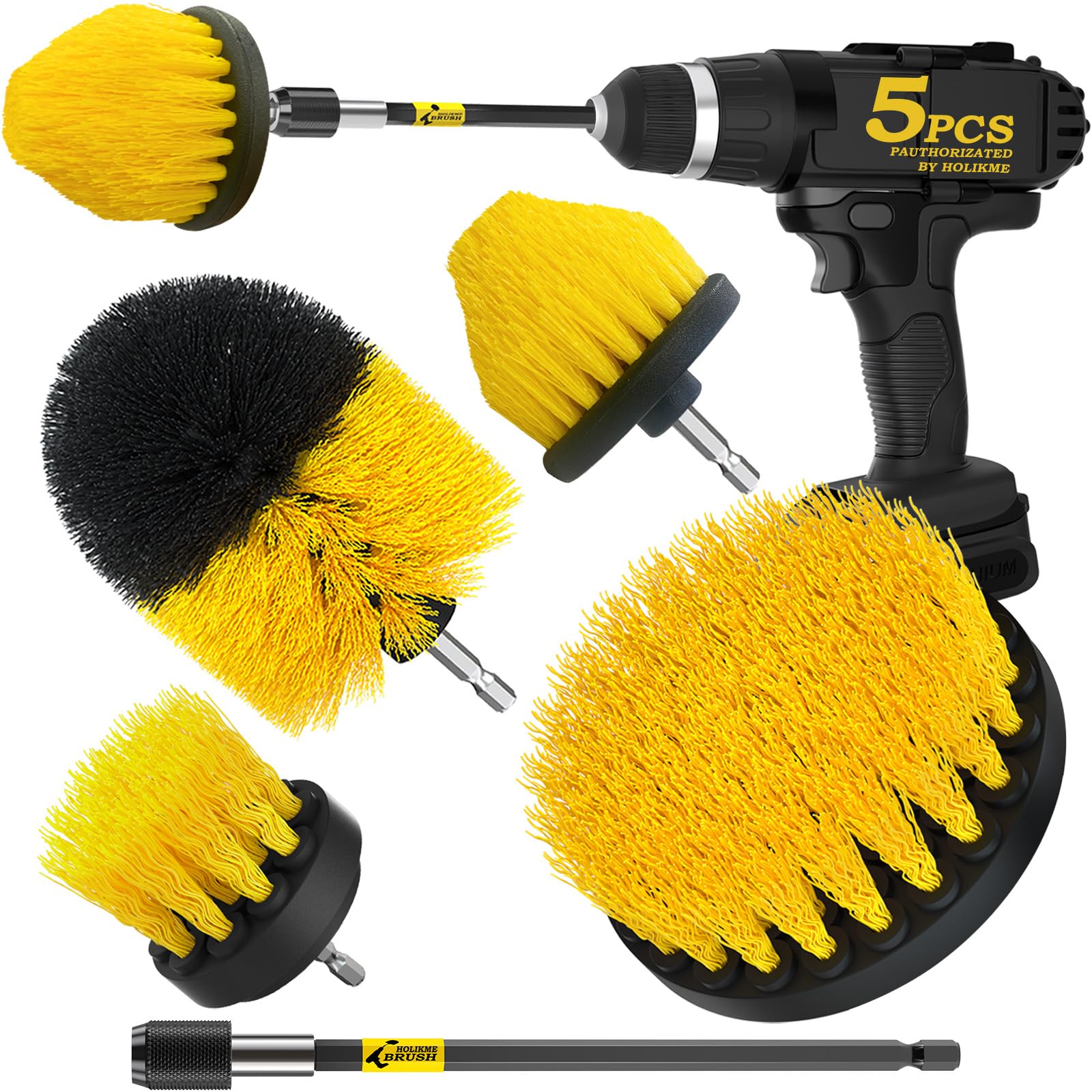 Holikme 5Pack Drill Brush Attachment Set,Power Scrubber Brush Extended Long Attachment For Bathroom Surfaces, Grout, Floors, Bat
