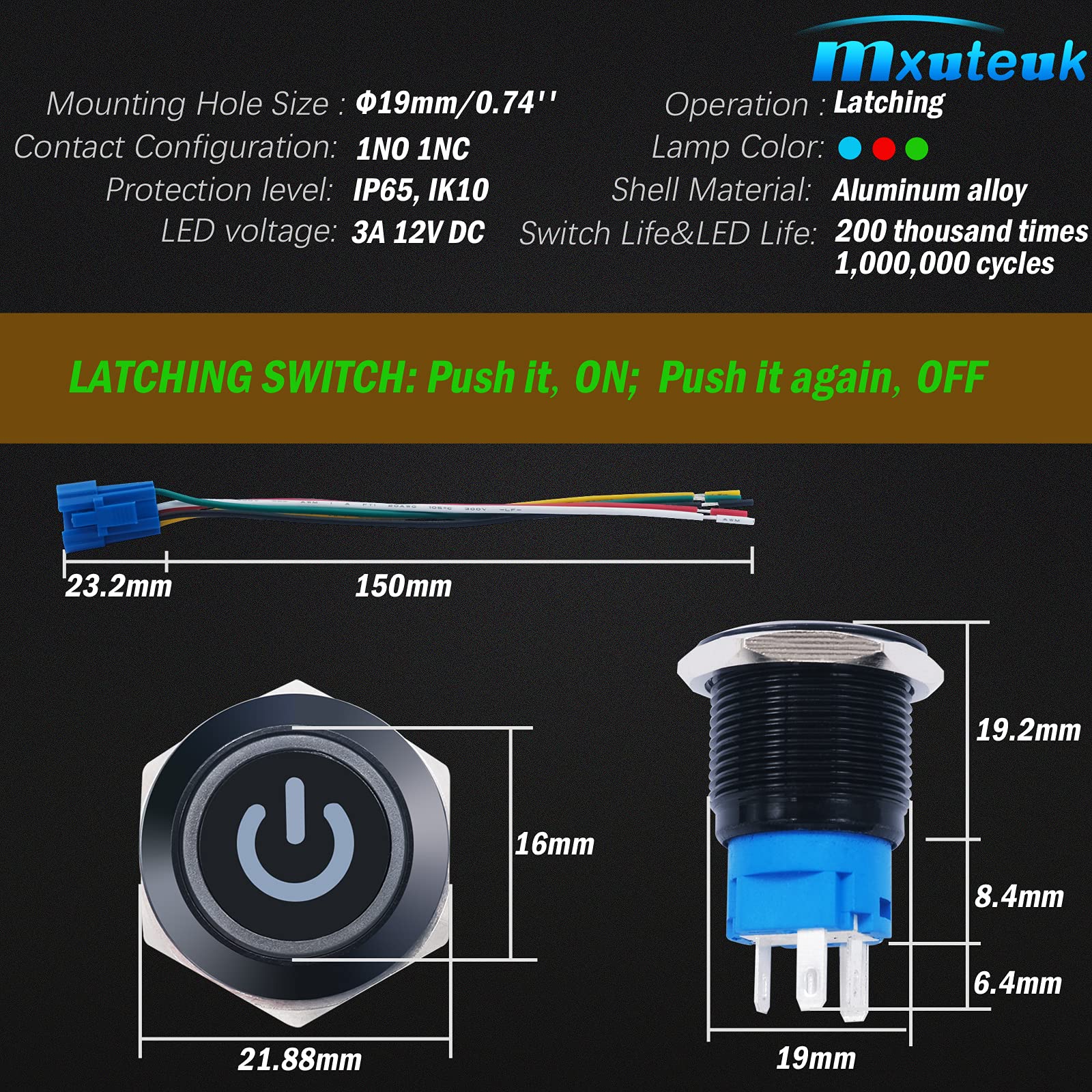 Mxuteuk 19Mm Waterproof Latching Push Button Switch 12V On/Off Switch 1No 1Nc Spdt Black Metal With Green Power Symbol Light With Wire Suitable For 3/4" Mounting Hole For Car Marine Rv L-19-Power-B-G